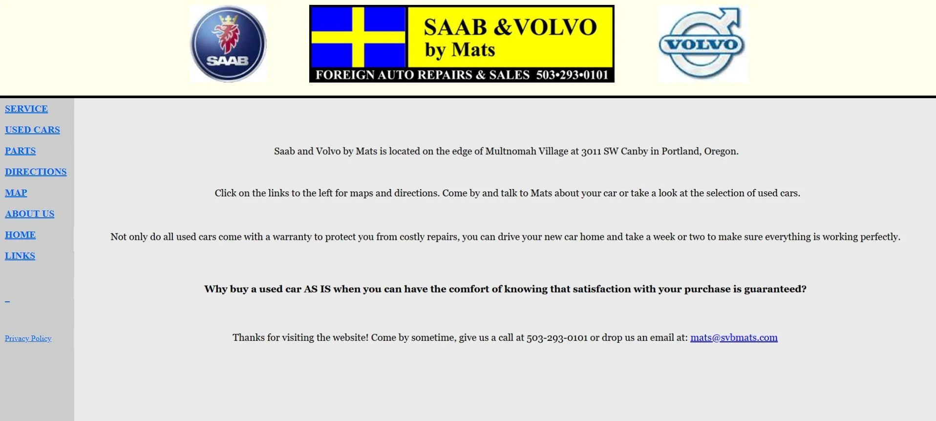 Screenshot of a small business website built for Saab and Volvo by Mats in Portland, Oregon by Regan Web Design.