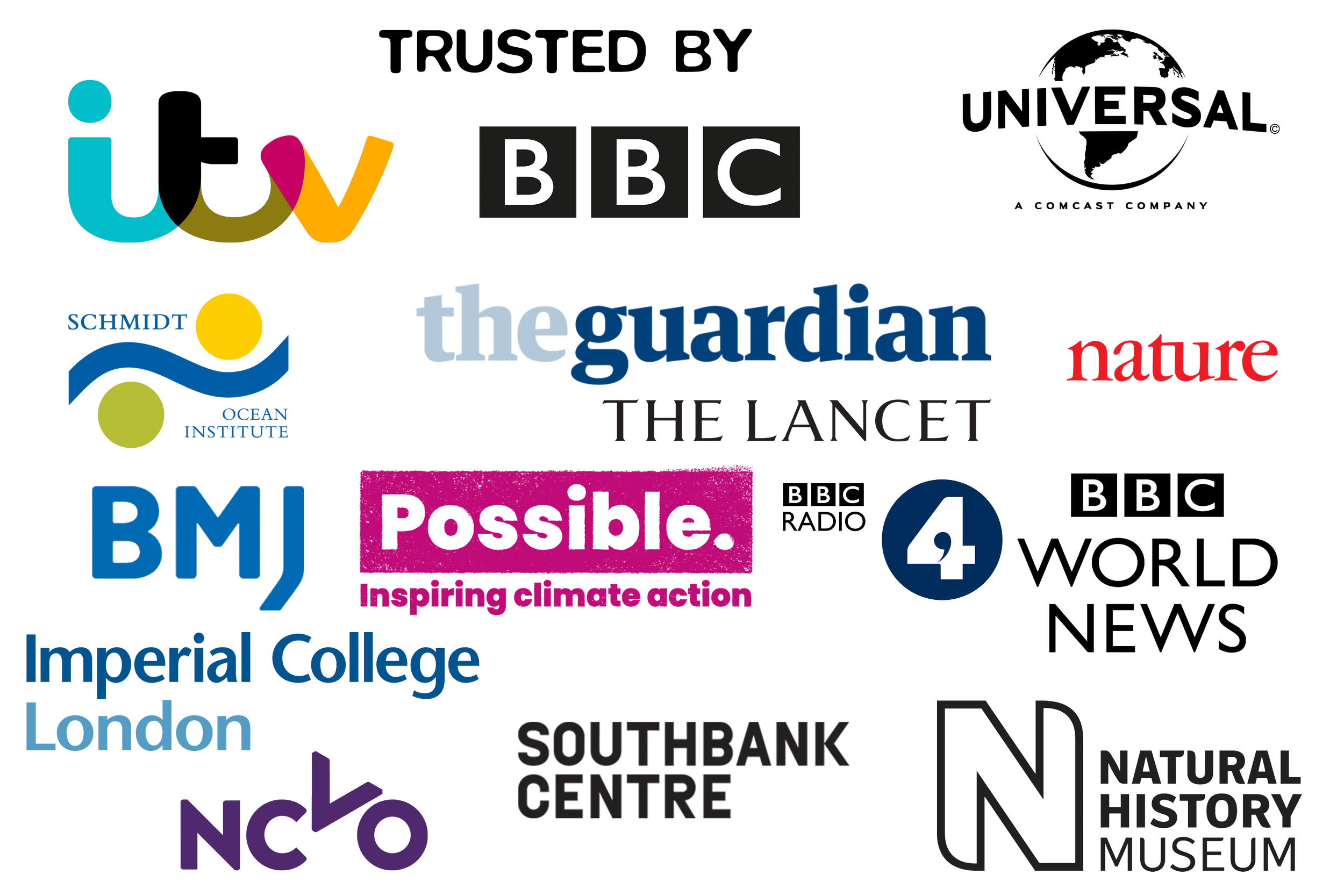 Trusted by collage. Featuring various media logos including BBC, The Guardian, Nature, BBC Radio, BBC World News, and others.