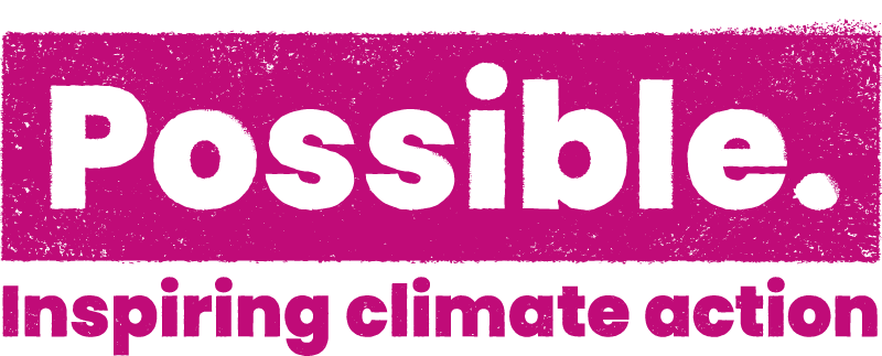 The image features a purple background with the word 'Possible' in large white text, and below it, the phrase 'Inspiring climate action' in smaller purple text.
