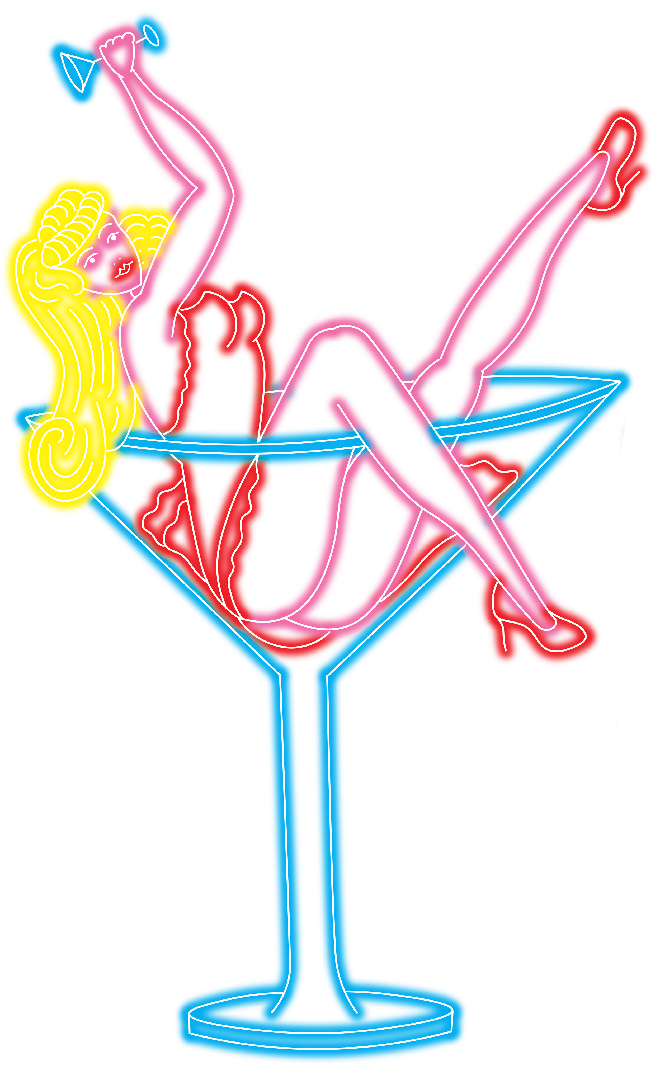 A neon sign style graphic of a woman sat inside a cocktail glass