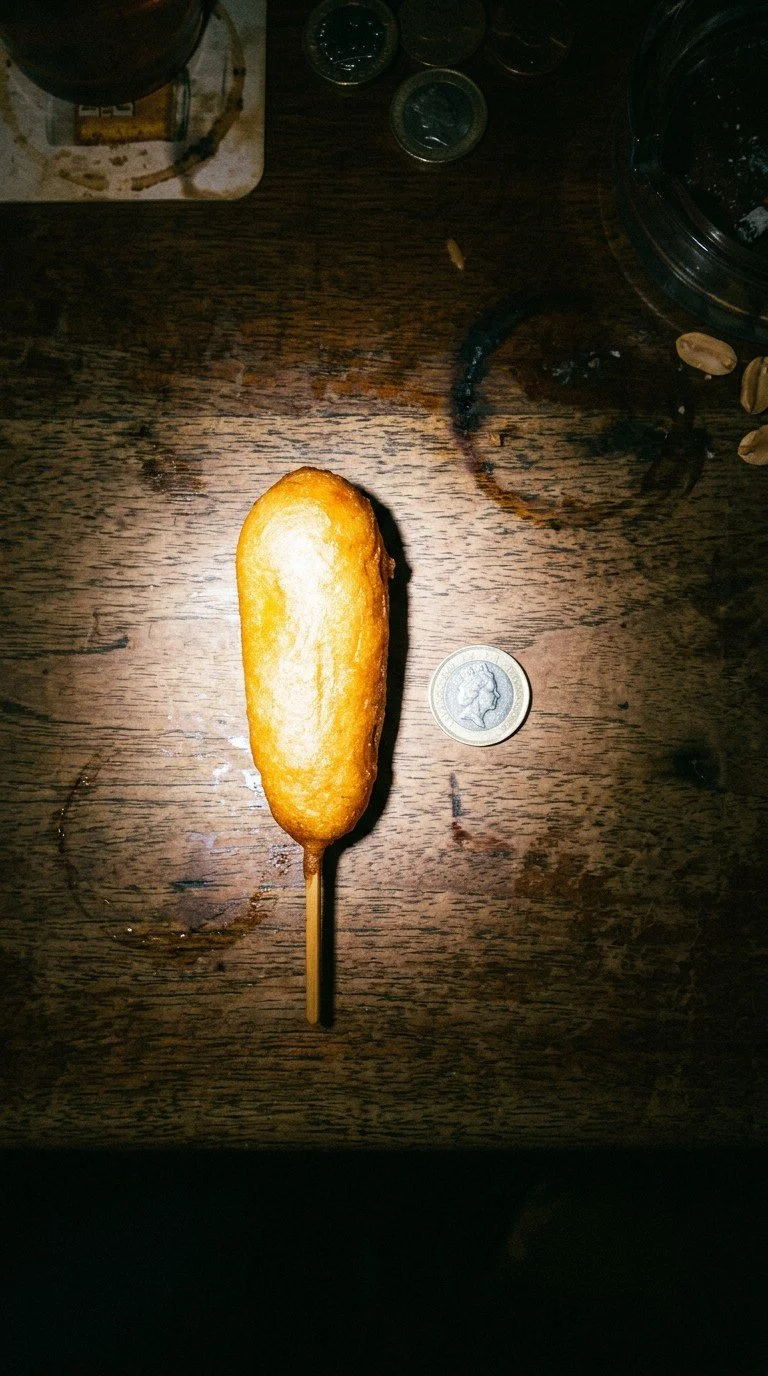 Corn dog on a table next to a £1 coin