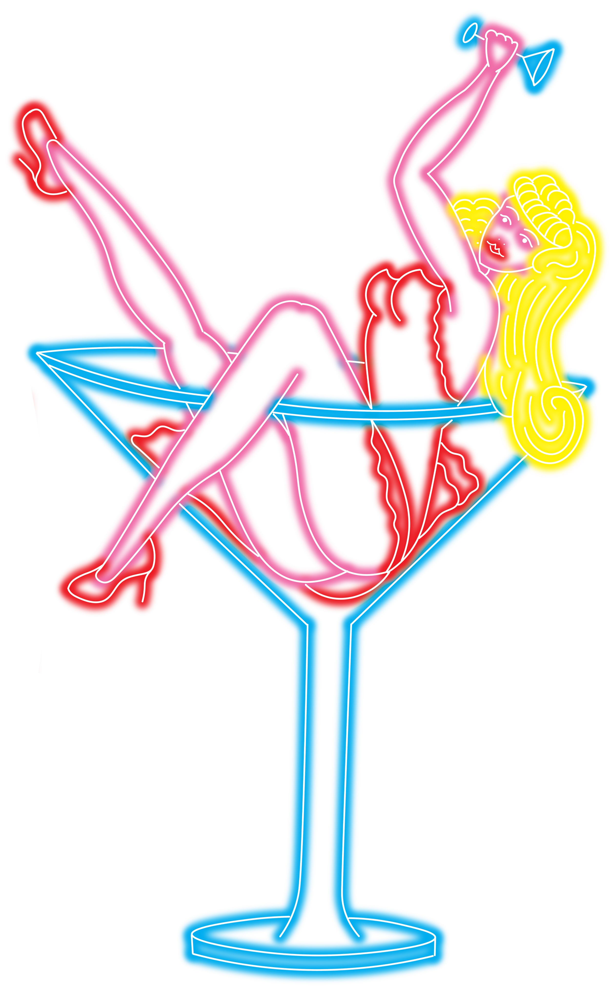 A neon sign style graphic of a woman sat inside a cocktail glass