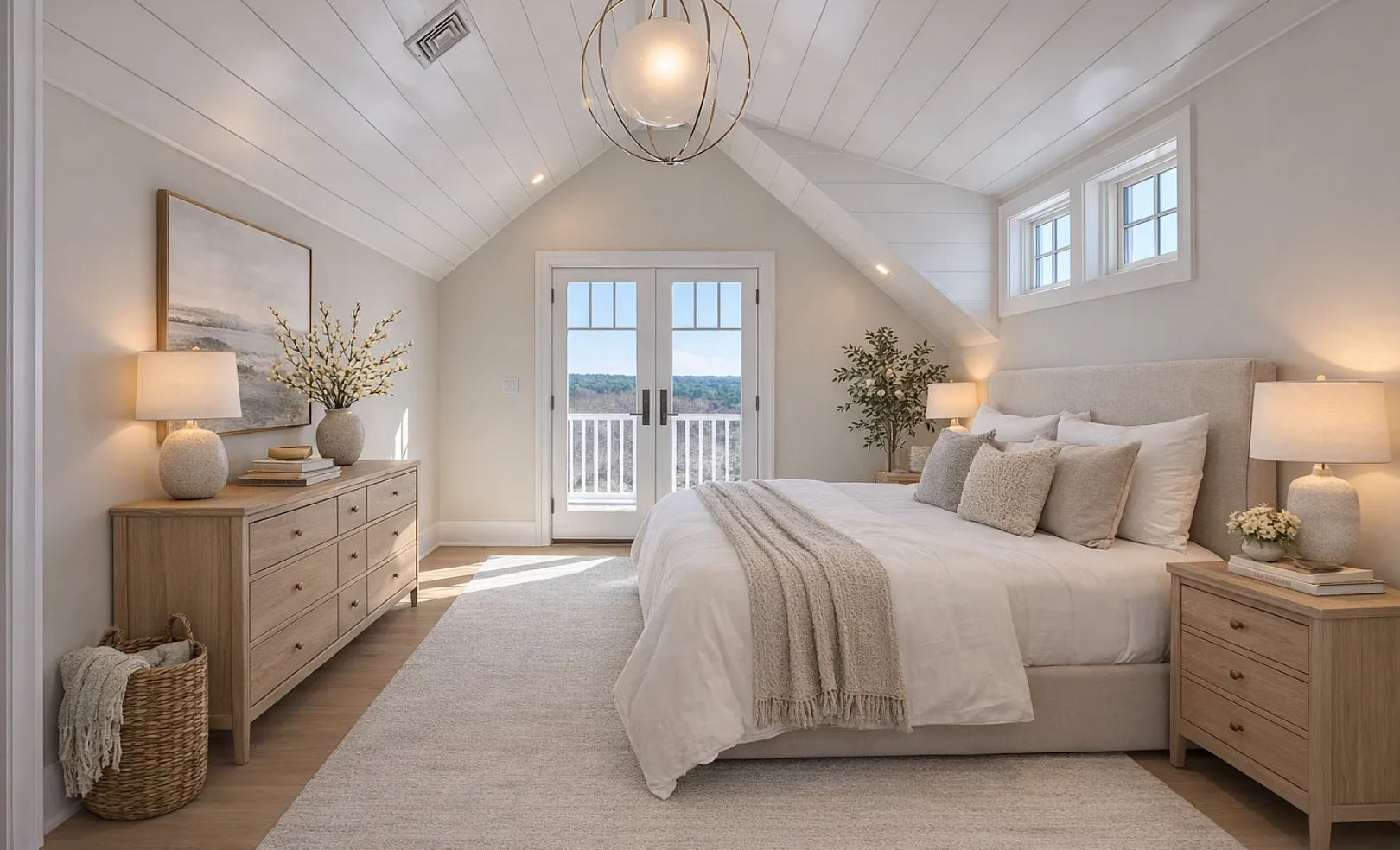 Guest bedroom with shiplap cathedral ceiling, French doors to a private balcony, and white-oak furnishings.