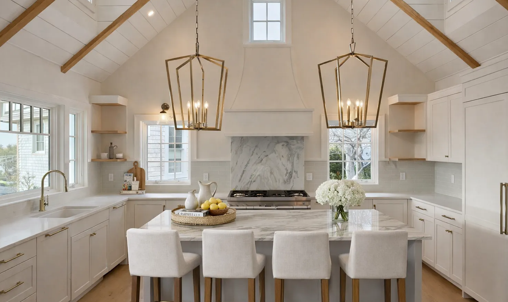 Kitchen with cathedral ceiling, exposed beams, a marble slab range backsplash, custom range hood, and paired brass lantern pendants over a single large island.