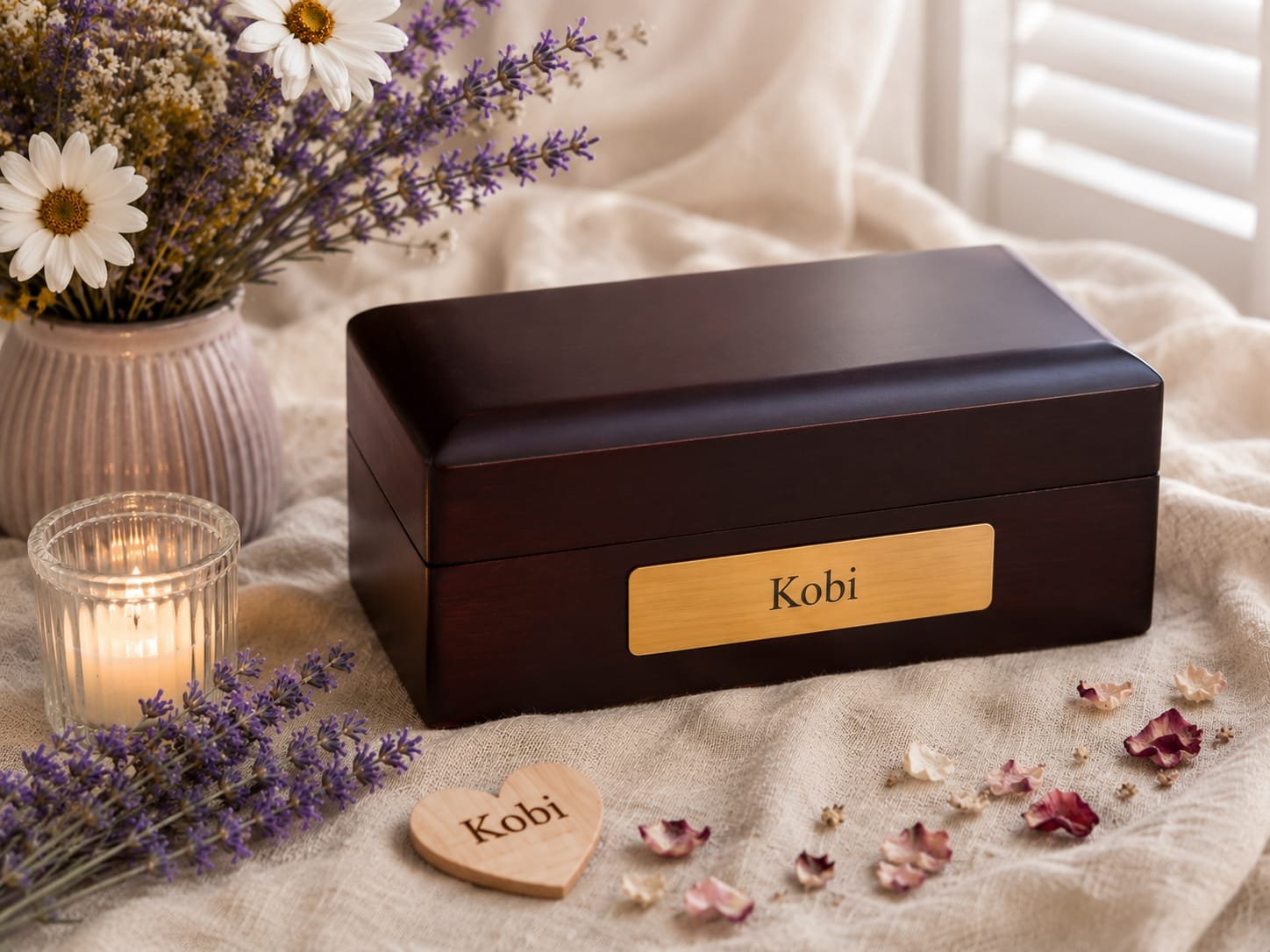 A wooden box with a yellow nameplate labeled 'Kobi' on a beige fabric surface. To the left, a lit candle in a glass holder and a bouquet of white daisies and purple lavender in a striped ceramic vase. Sheet music and pink flower petals are scattered around, with a heart-shaped wooden token engraved with 'Kobi'. Sunlight filters through window blinds in the background.
