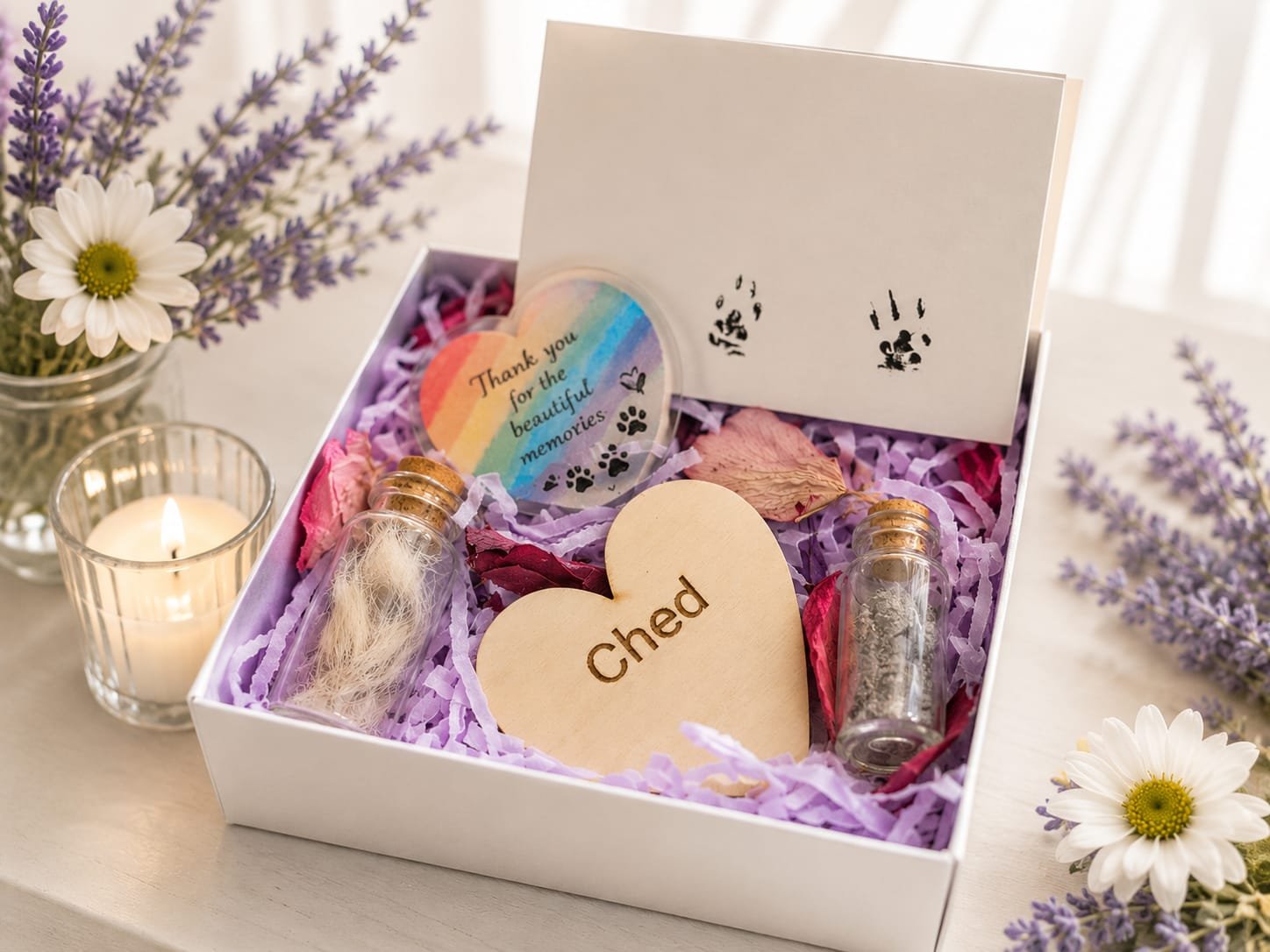 A gift box containing small glass vials and wooden hearts with 'Chad' engraved, surrounded by purple shredded paper, and accompanied by a thank you card with a rainbow and thank you message, arranged on a white surface with flowers and a lit candle nearby.