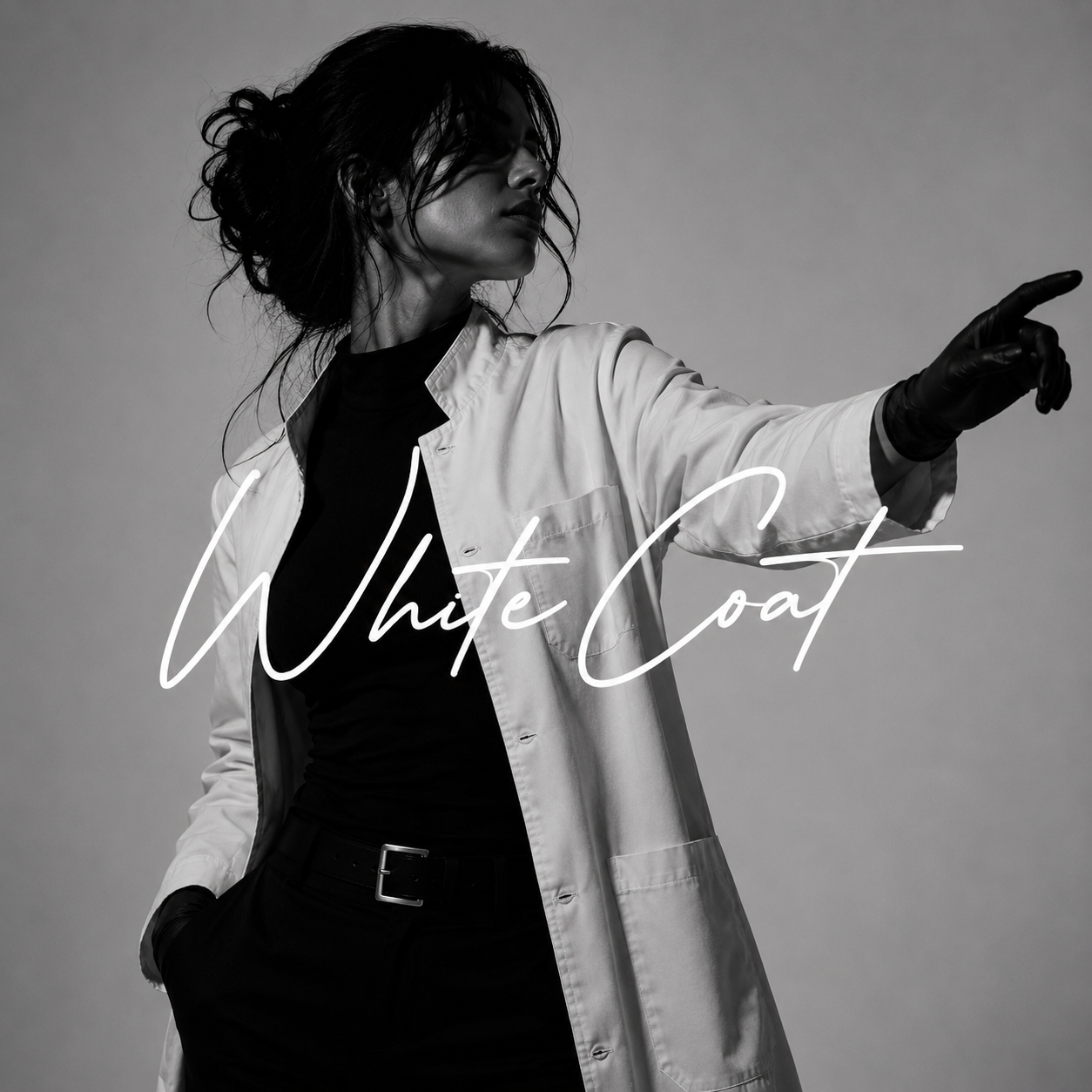 Black-and-white White Coat & Co. brand image of a woman in a white medical coat over black clothing with logo overlay, representing HR consulting, staffing strategy, talent standards, and practice culture support for dental and medical practices.