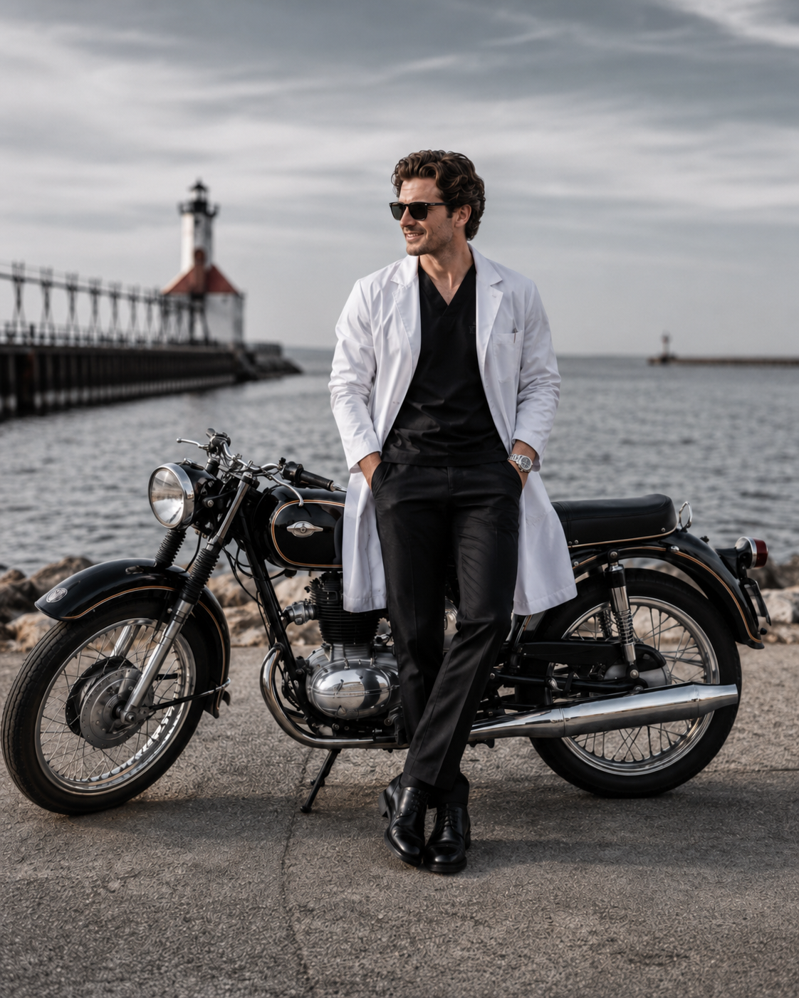 Male doctor in a white medical coat leaning against a classic black motorcycle near a Lake Michigan lighthouse, representing White Coat & Co. HR consulting, talent strategy, performance management, and workforce support for private practices.