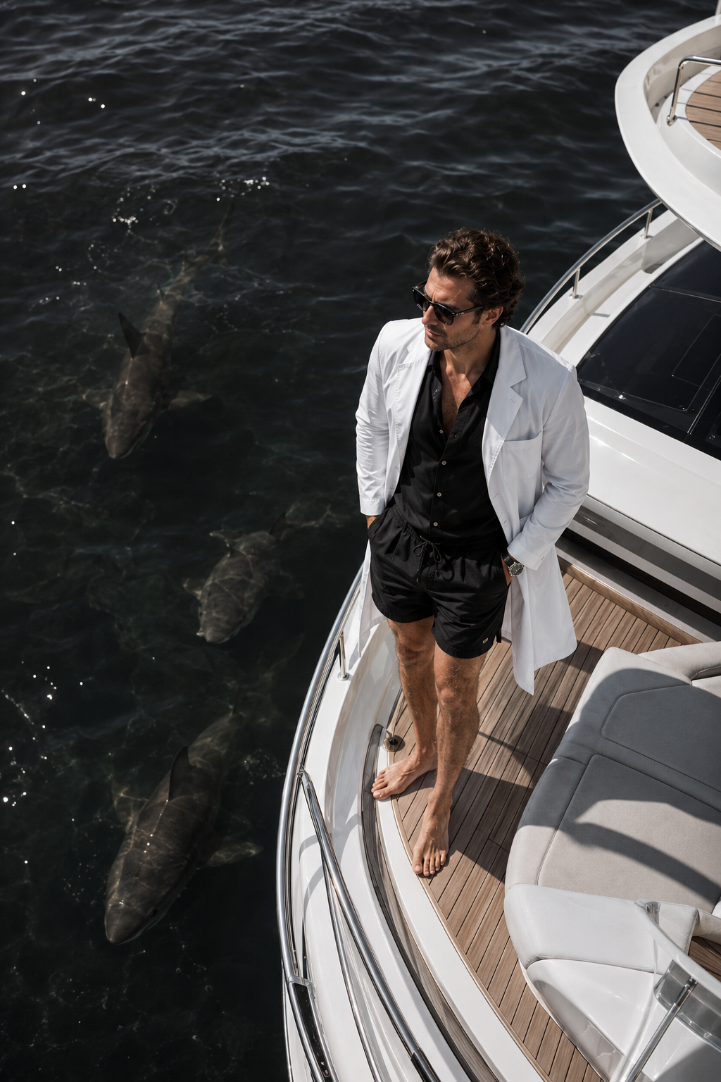 Man in a white medical coat standing on a luxury yacht above sharks swimming in dark water, representing White Coat & Co. HR intervention, employee relations support, and staffing risk management for dental and medical practices.