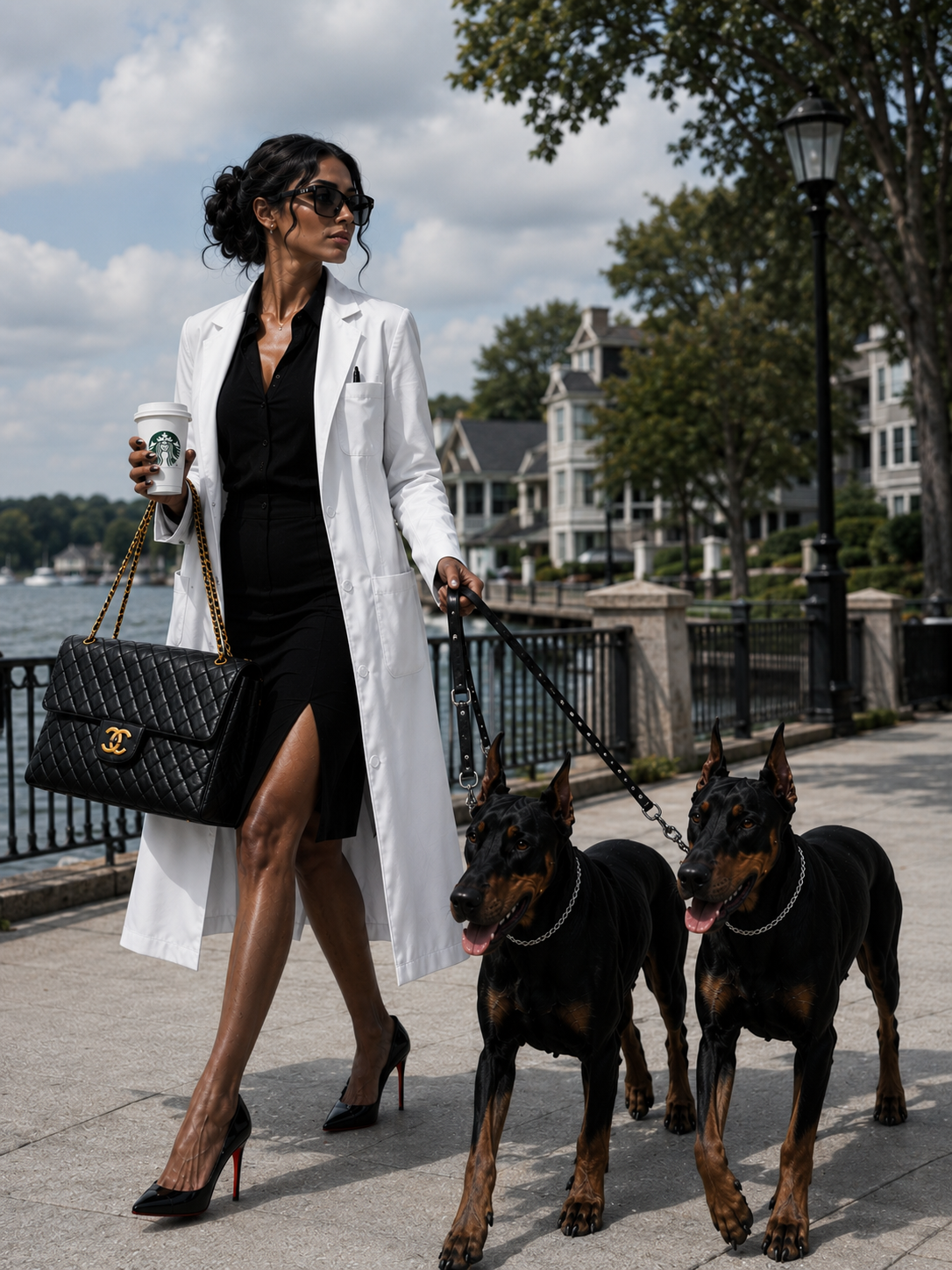 Woman in a white medical coat and black dress walking two Dobermans along a West Michigan waterfront, representing White Coat & Co. HR consulting, staffing standards, employee accountability, and practice culture improvement.