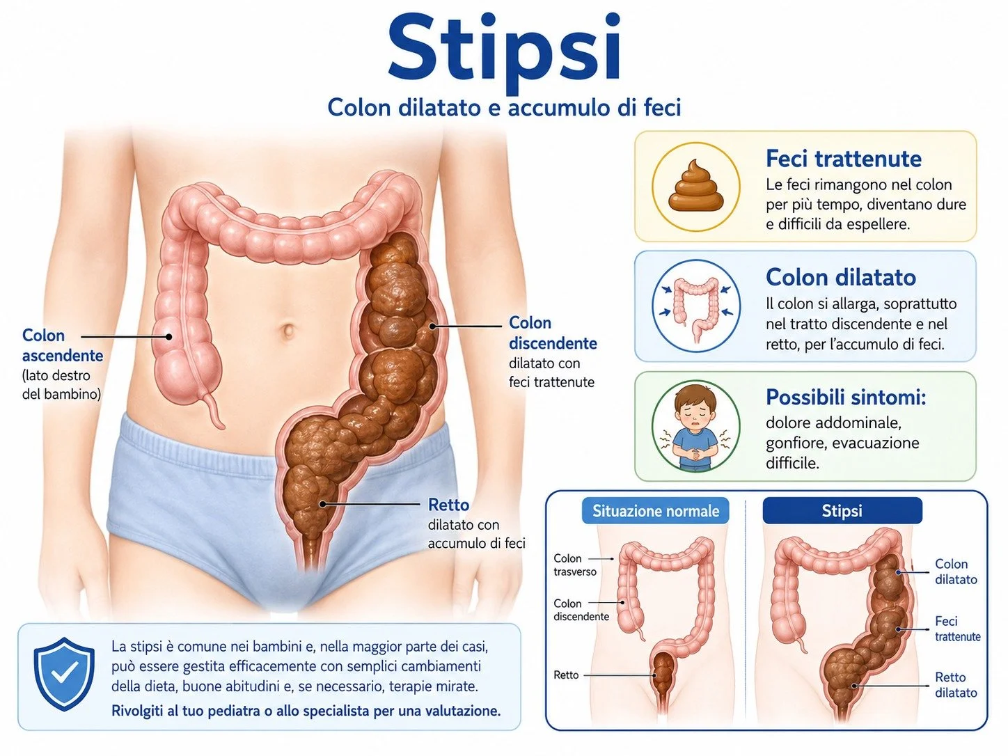 La stipsi

La stipsi &egrave; un disturbo molto frequente in et&agrave; pediatrica e consiste in un&rsquo;evacuazione difficoltosa, poco frequente o dolorosa. Spesso si associa a feci dure, dolore addominale, gonfiore e, talvolta, piccoli episodi di 