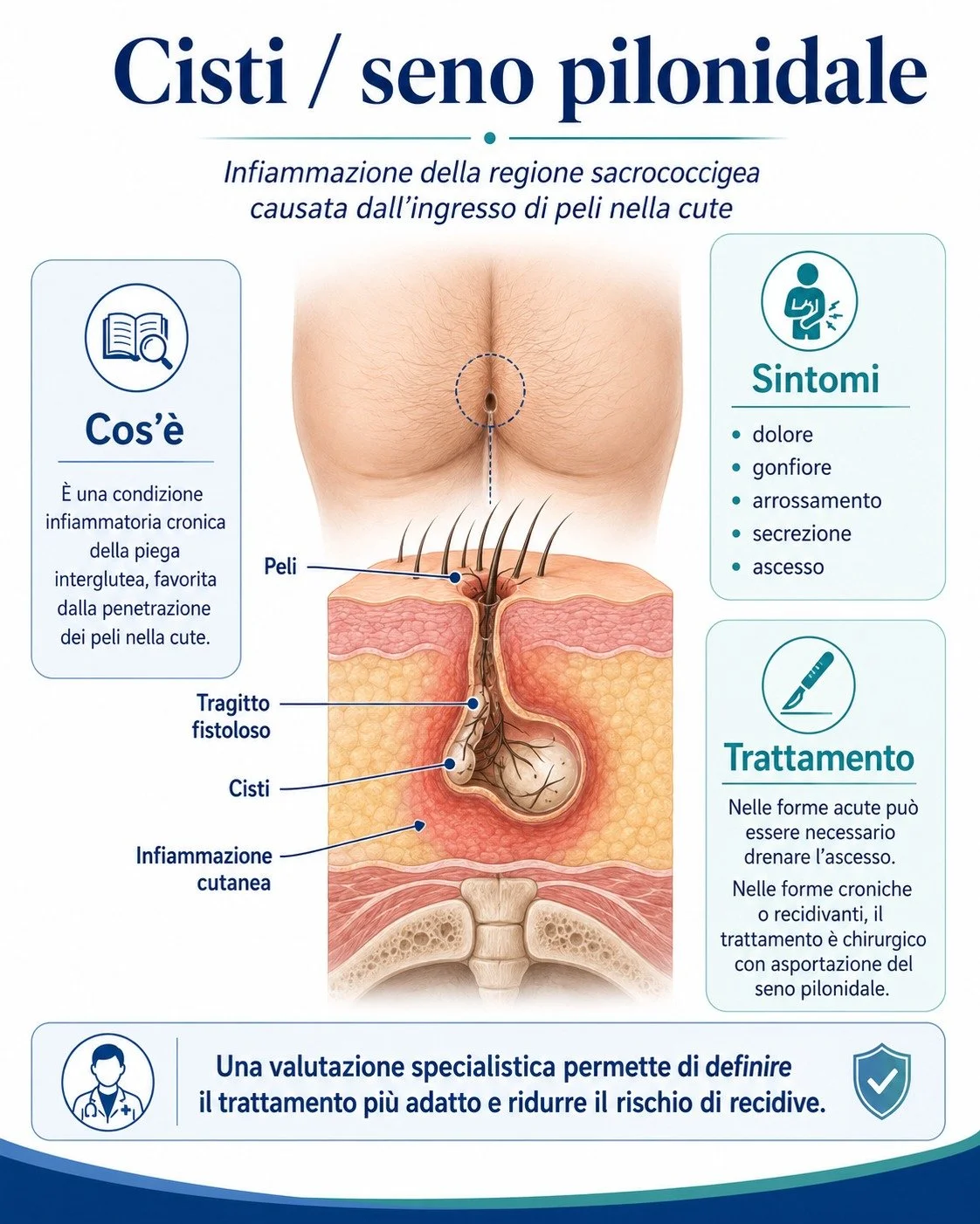 Cisti/Seno Pilonidale

La cisti pilonidale &egrave; una condizione infiammatoria della piega interglutea, pi&ugrave; frequente negli adolescenti e nei giovani adulti. &Egrave; spesso legata alla penetrazione di peli nella cute e pu&ograve; manifestar