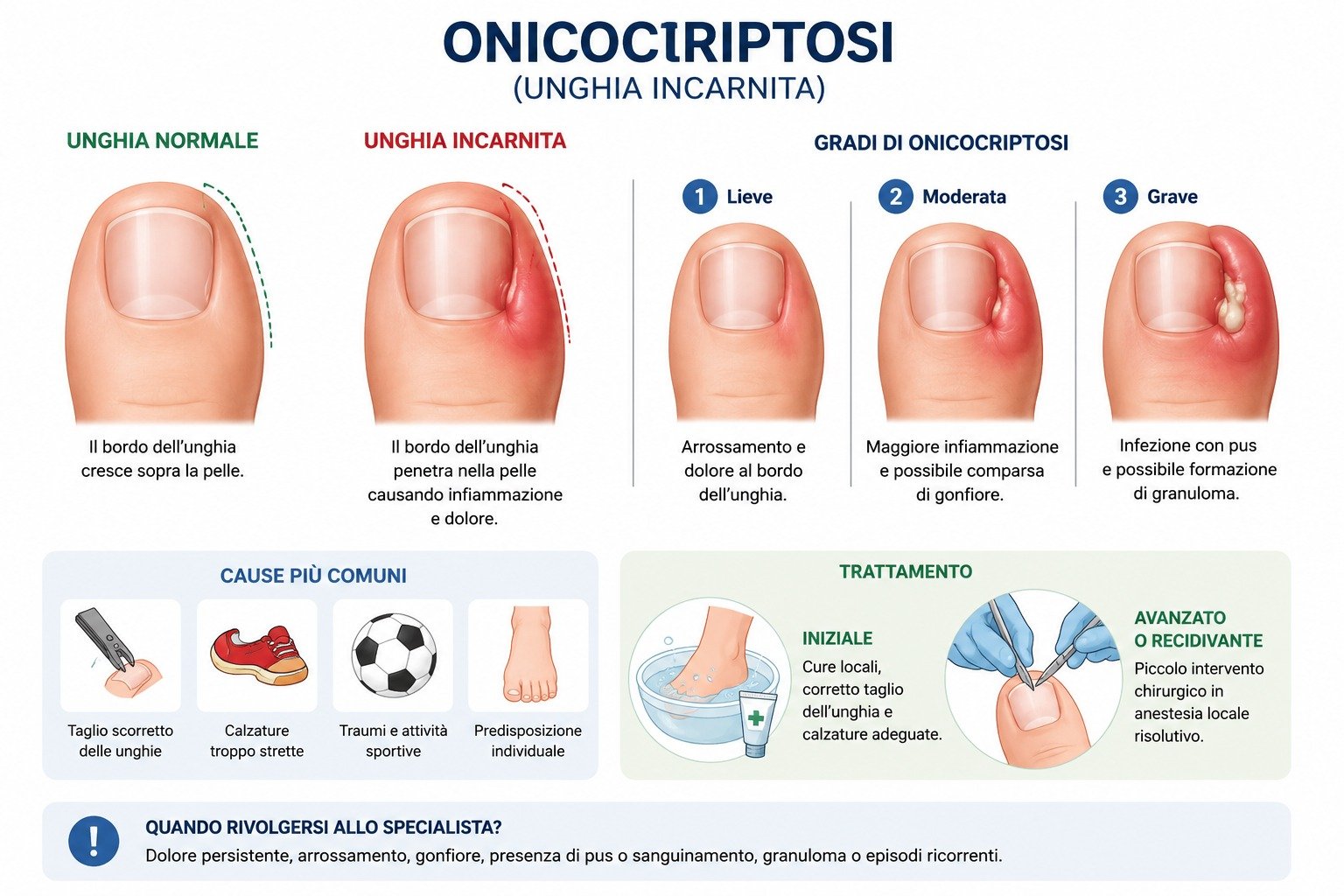 Unghia incarnita

L'onicocriptosi &egrave; una condizione frequente nei bambini e negli adolescenti, causata dalla crescita dell'unghia all'interno della pelle. Provoca dolore, arrossamento, gonfiore e, nei casi pi&ugrave; avanzati, infezione. Le for
