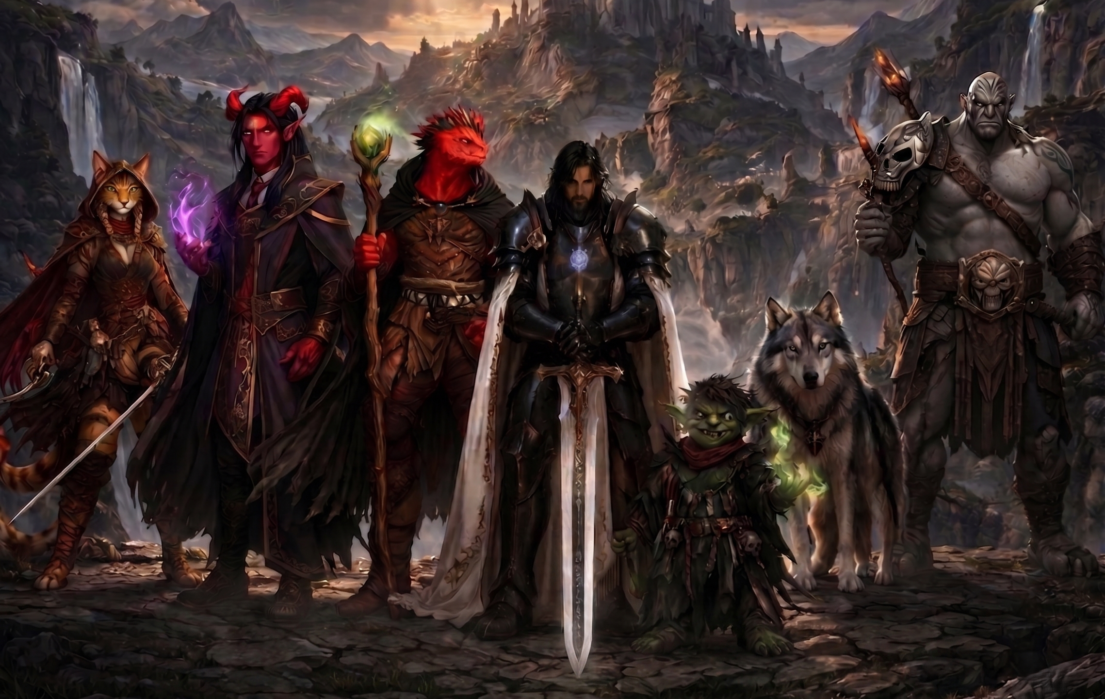 A group of fantasy characters including a female with fox ears, a red demon, a red lion-headed creature, a man in armor, an orc, a wolf, a goblin, and a large gray-skinned warrior with tattoos standing in front of a mountainous landscape with waterfalls.