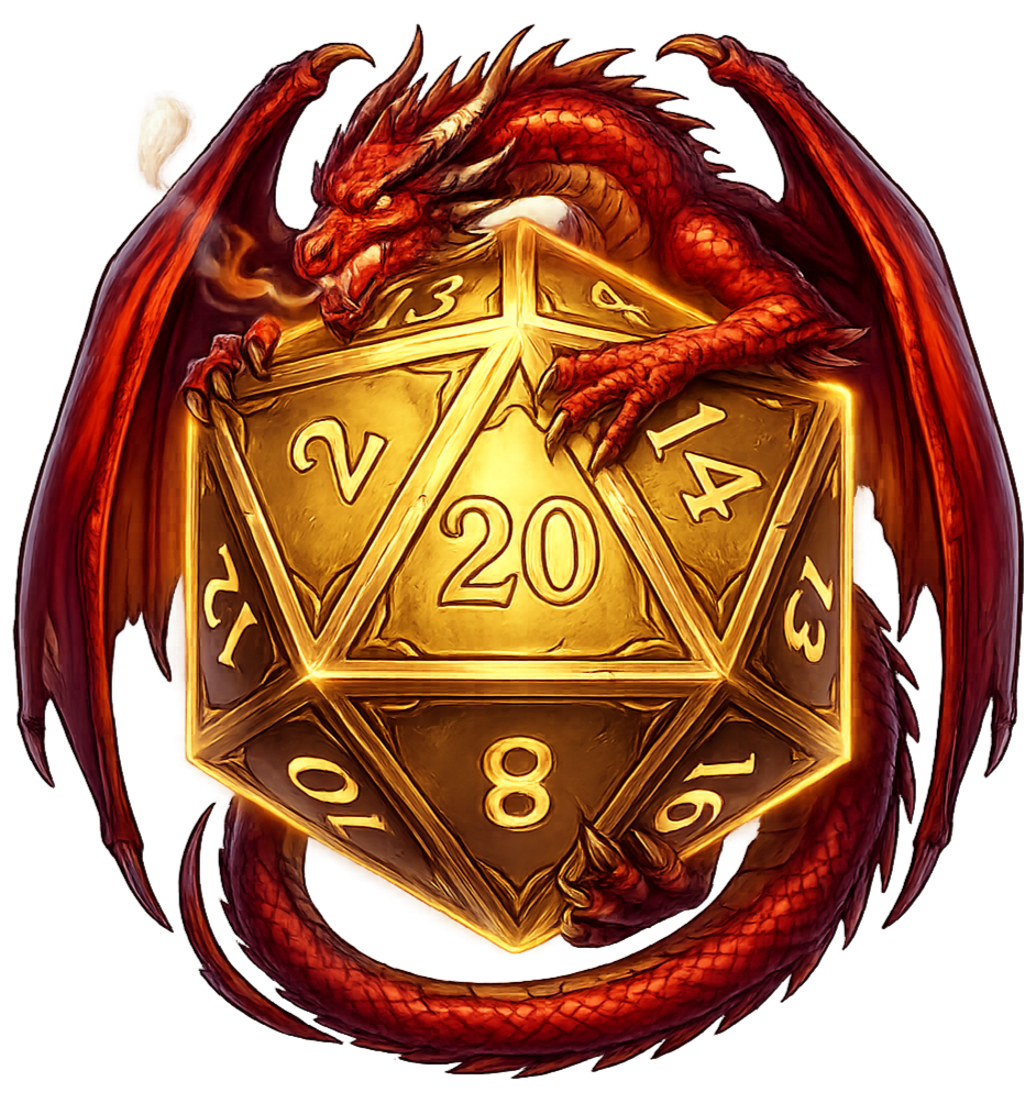A red dragon curled around a glowing golden 20-sided die used in tabletop role-playing games.