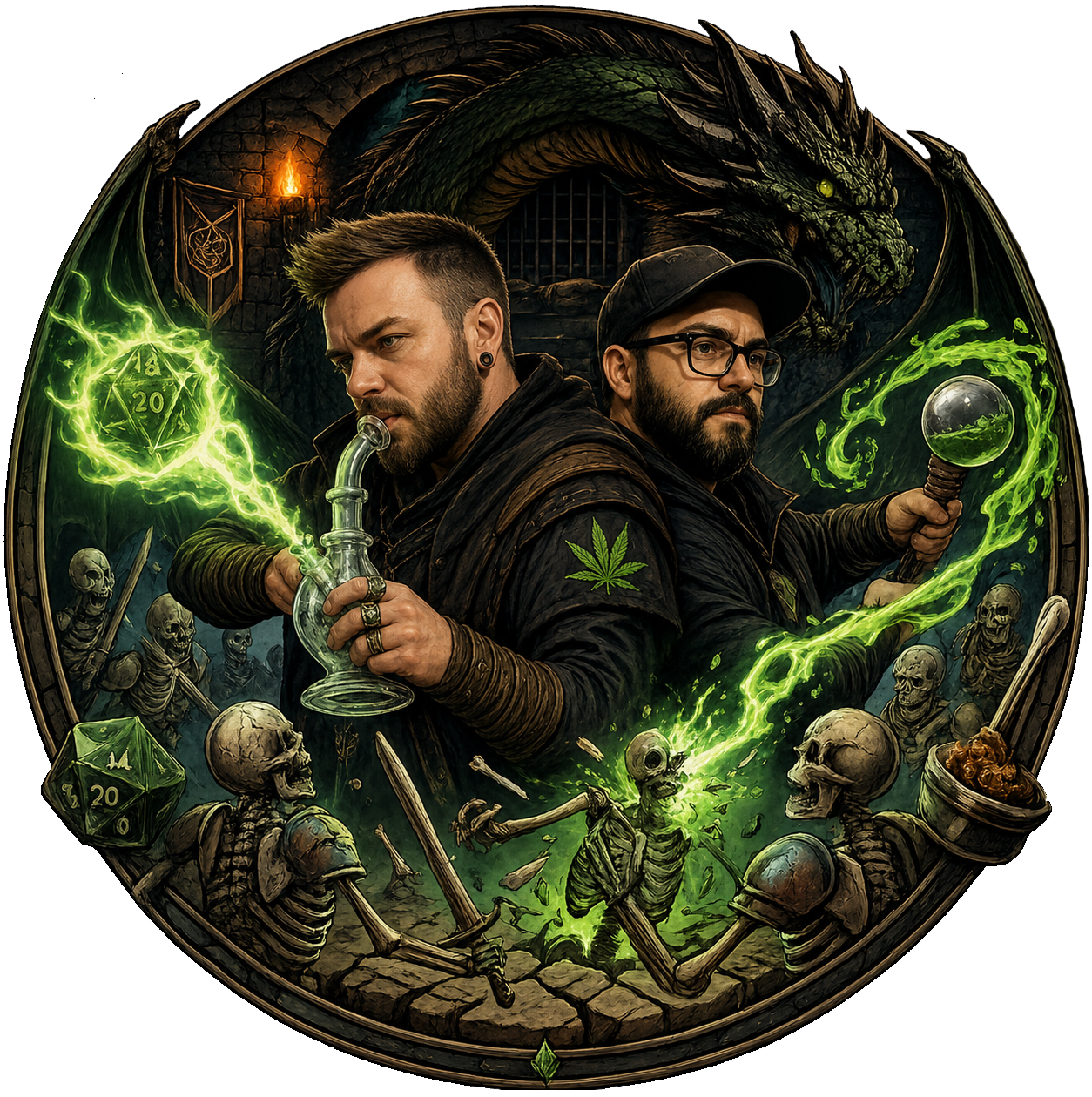 Two men dressed as wizards surrounded by skeletons, skeletons fighting, casting spells, and holding magical items. A green dragon is in the background, with glowing green magic and D20 dice, set in a dungeon-like environment.