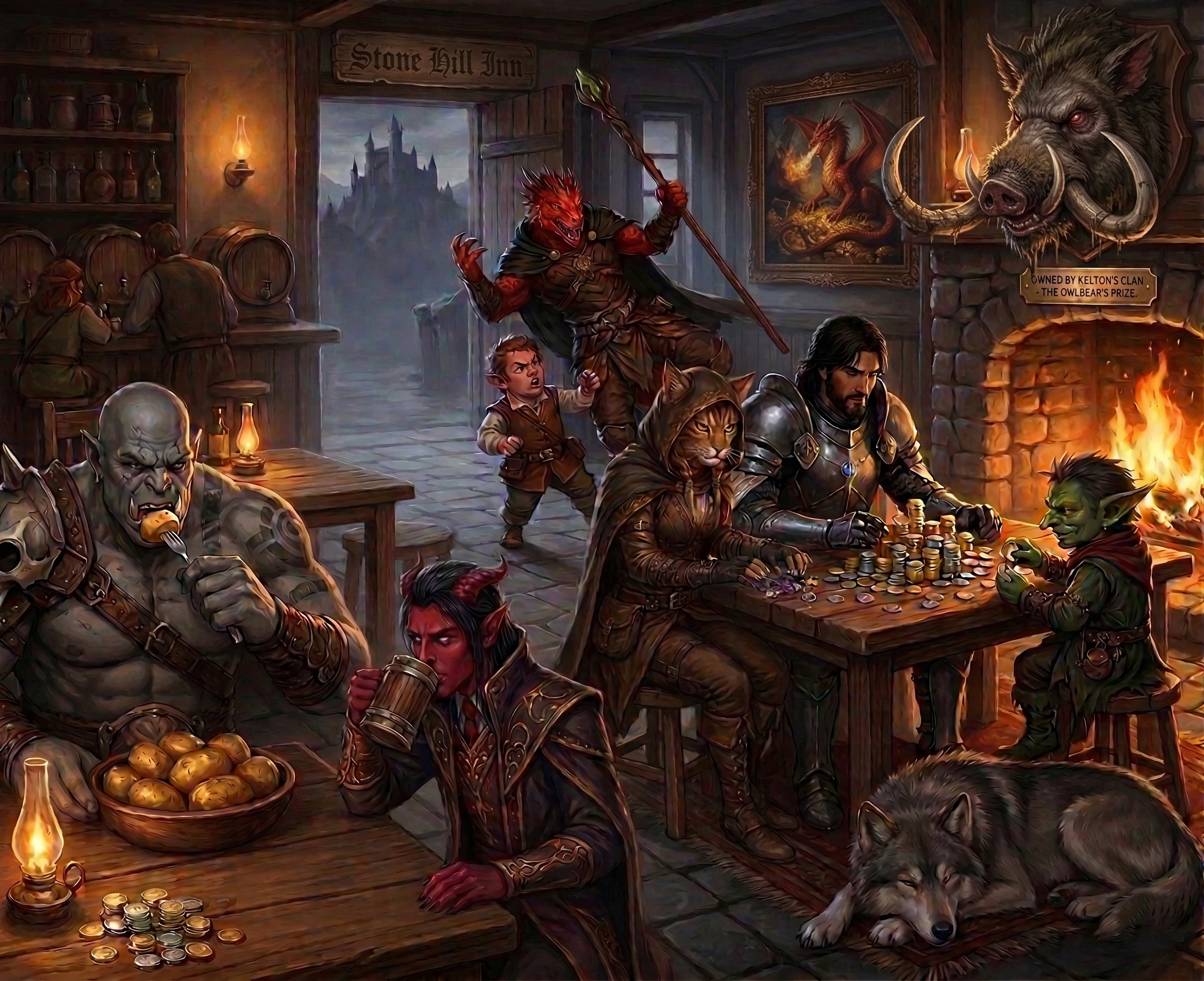 Fantasy scene inside a tavern with various humanoid and monstrous characters, including a lion-headed figure, a goblin, and an orc, playing chess and drinking. The walls are adorned with dragon artwork, and a sign reads 'Stone Hill Inn' with a mountain and castle in the background.
