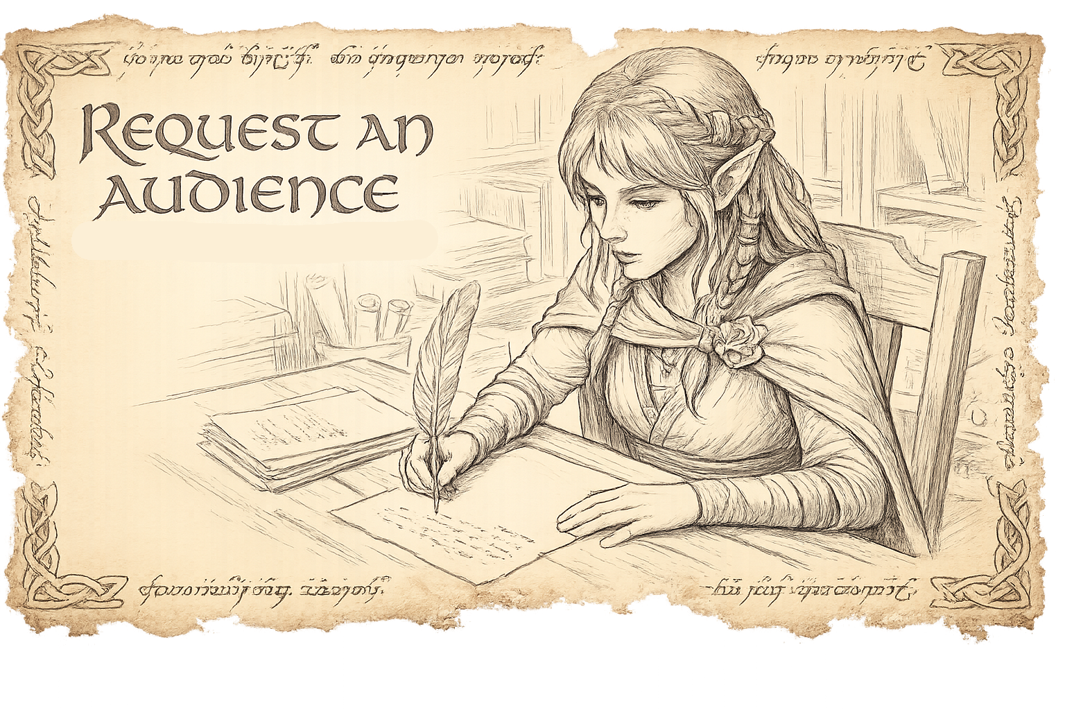 Sketch of a female elf writing with a quill at a desk, with the text 'Request an Audience' written in Gothic lettering. The border includes decorative knots, and there are books and scrolls in the background.
