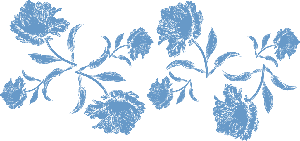 Blue floral pattern with large flowers and leaves on a black background.
