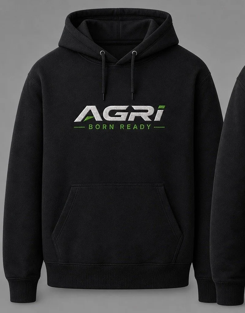 Black hoodie with the text 'AGRI BORN READY' in grey and green lettering on the front