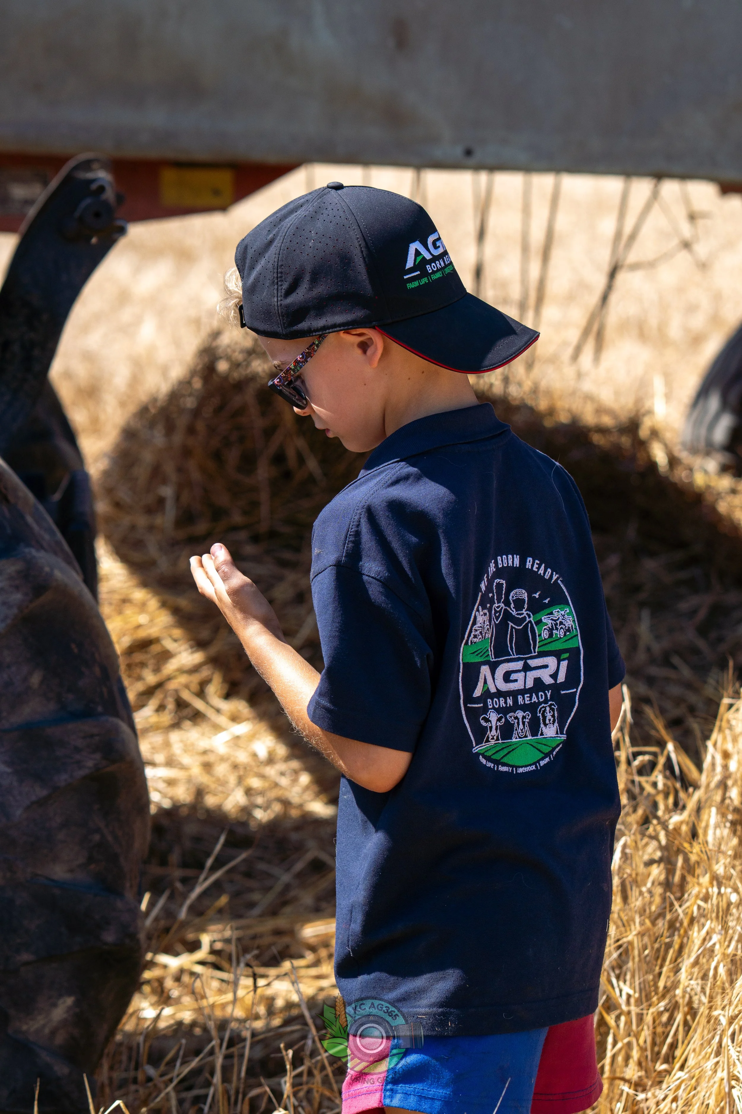 A young boy wearing a black baseball cap with a logo, sunglasses, a dark blue t-shirt with AGRi born ready logo on the back, and multicolored shorts, standing outdoors in a field of dried grass or crops, looking at the corn in his hand.