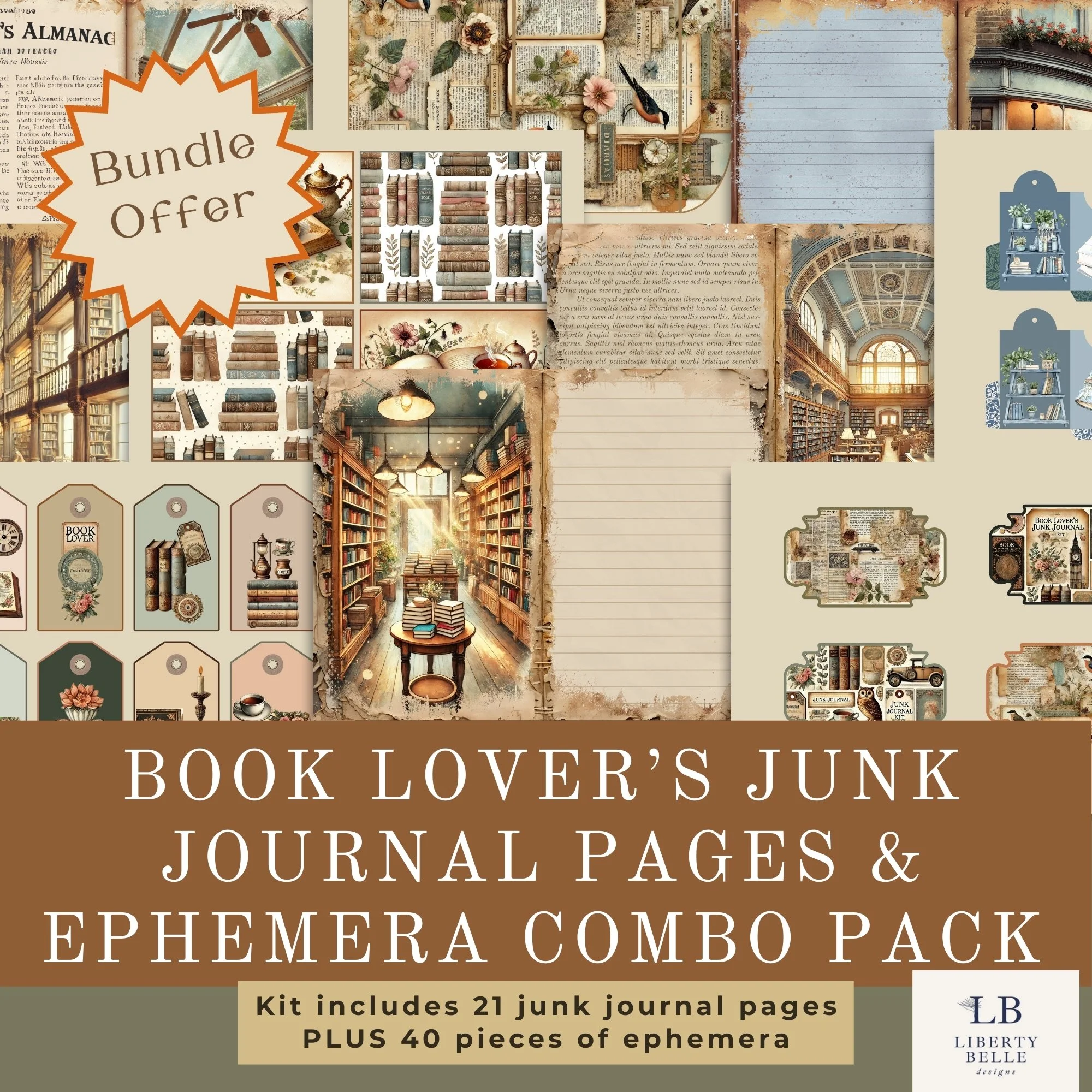 Book Lover's Junk Journal Pages and Ephemera Combo Pack