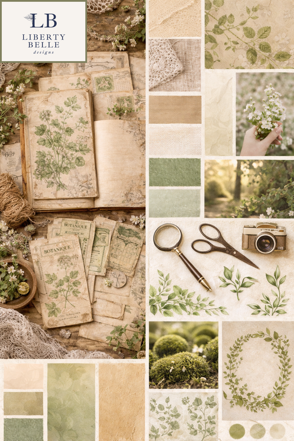 A collage of gardening and botanical theme items including vintage botanical prints, small potted plants, hand holding a flower, garden scene, fabric swatches, scissors, a vintage camera, and greenery stickers and illustrations.
