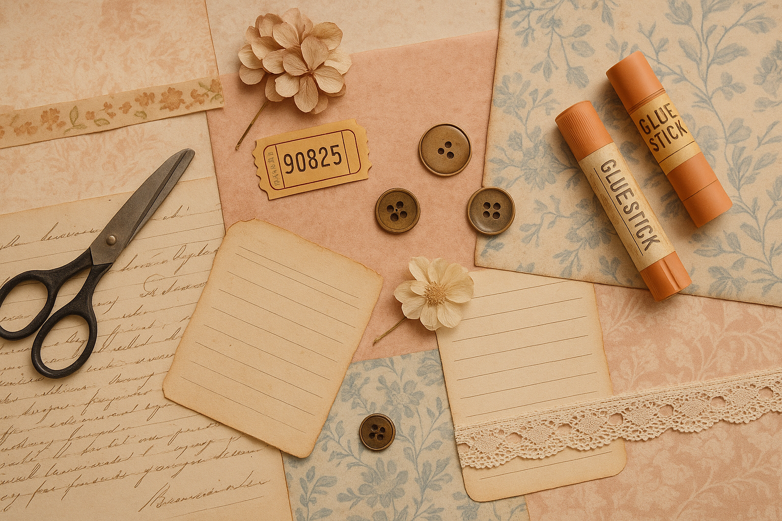 Vintage crafting supplies on a table, including scissors, buttons, glue sticks, handwritten notes, blank paper, decorative paper, paper flowers, and a ticket.