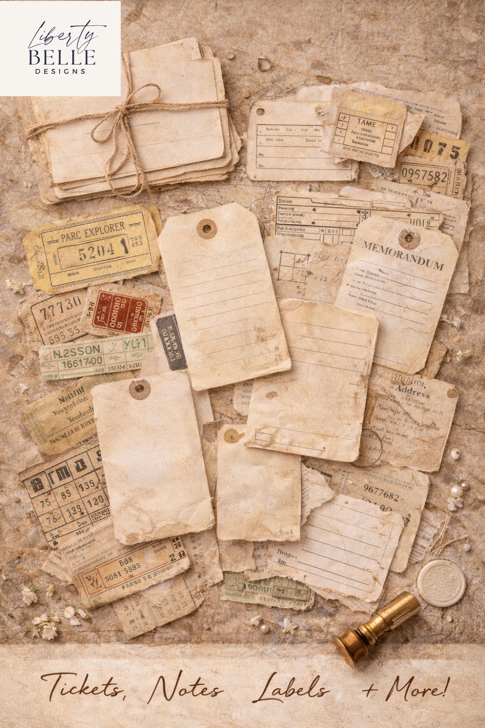 A flat lay of vintage travel tickets, notes, labels, and tags on a textured surface, with a small golden stamp and a wax seal in the bottom right corner. The top left corner features the Liberty Belle Designs logo, and the bottom text reads "Tickets, Notes, Labels + More!"