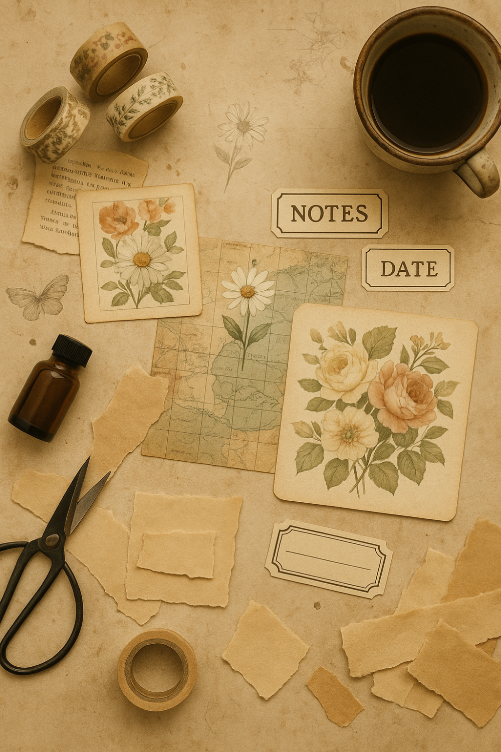 A vintage-style workspace with floral-themed cards, torn paper pieces, scissors, masking tape, a small bottle, a mug of coffee, and labels for 'Notes' and 'Date'.