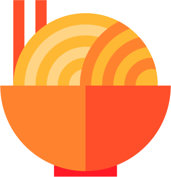 A stylized illustration of a bowl of ramen with noodles and broth.