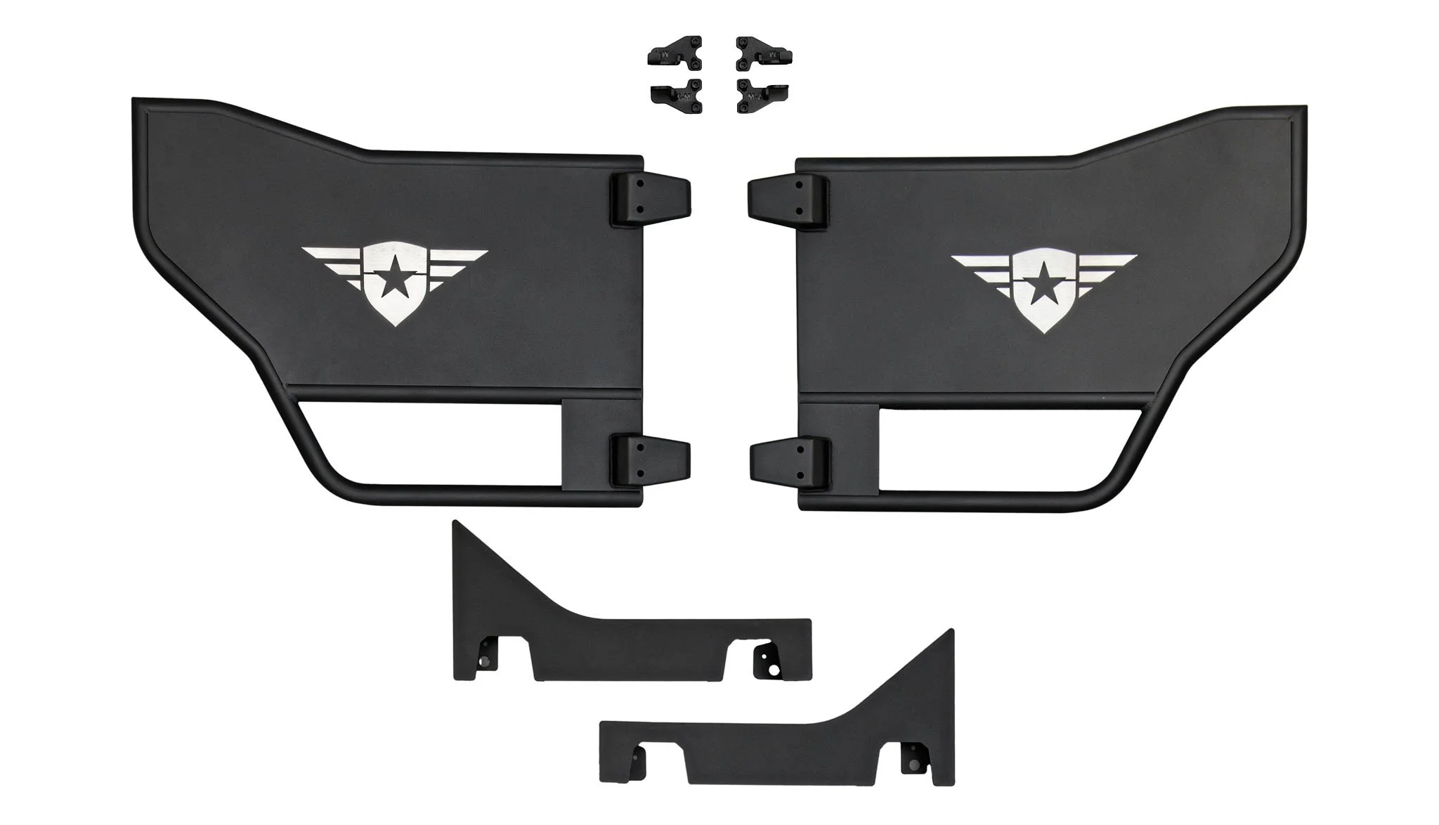 Black automotive side mirror with mounting brackets and small black clips, featuring a white emblem with a star and wings.
