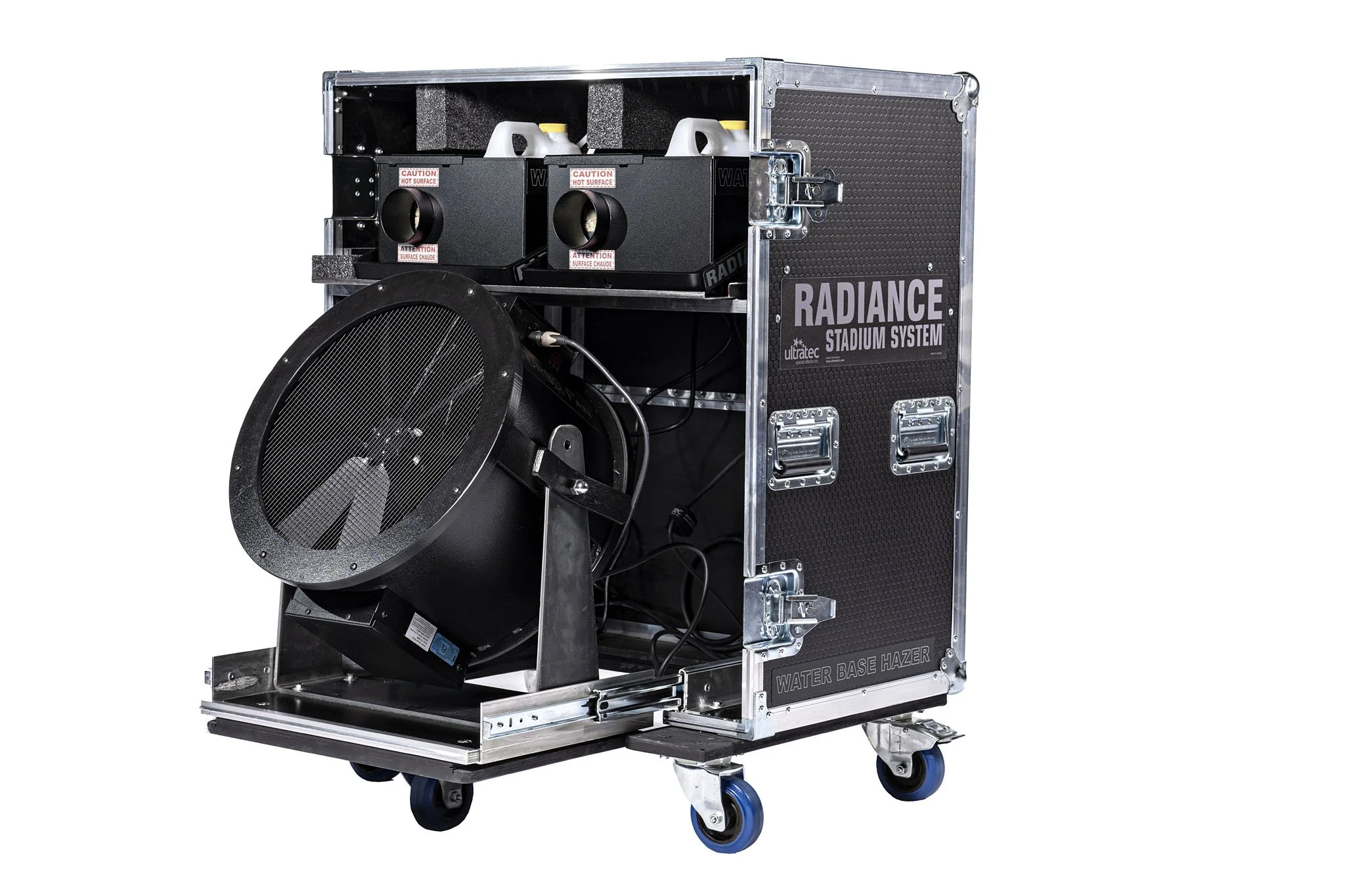 A water-based haze machine labeled 'Radiance Stadium System' with a large fan and two containers at the top, mounted on a wheeled platform.
