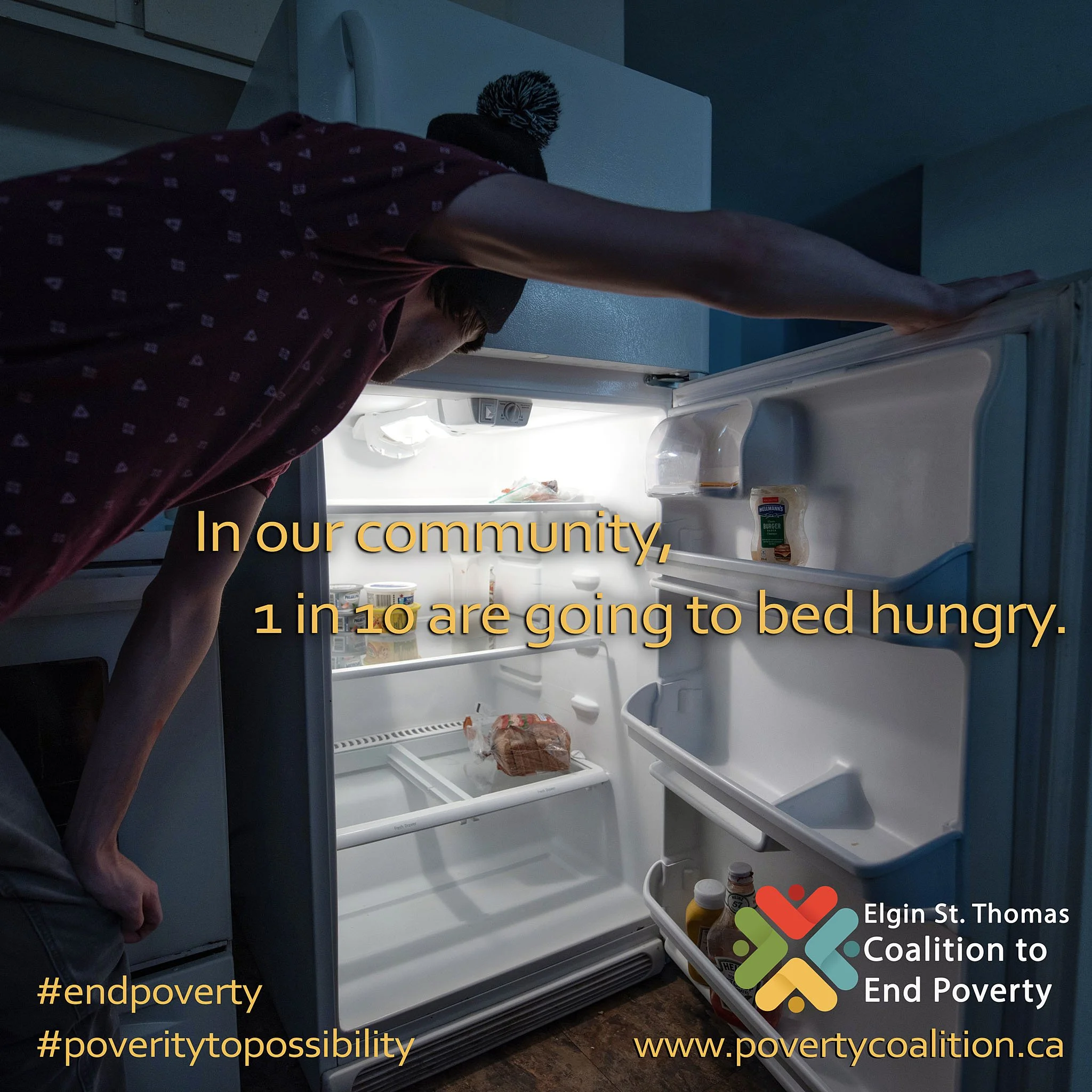Open refrigerator with various food items, a person reaching inside, and text promoting ending hunger and poverty.