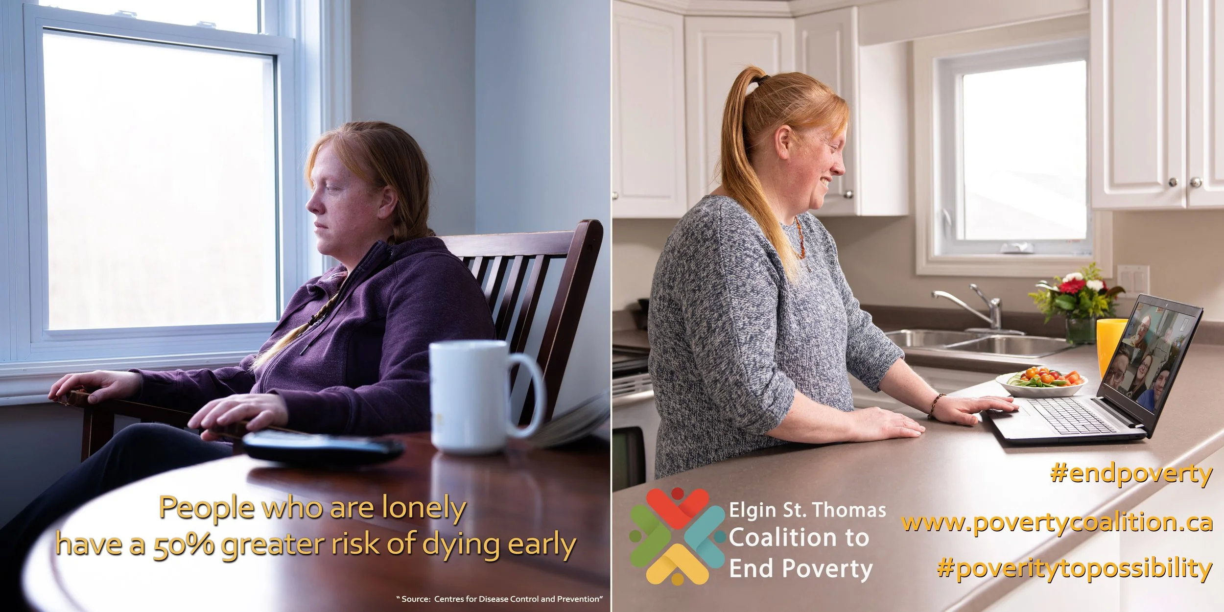 Side-by-side images: on the left, an upset woman with red hair and light skin, wearing a dark hoodie, sitting lonely in a dimly lit room with a window behind her; on the right, smiling woman with red hair and light skin, wearing a gray sweater, engag