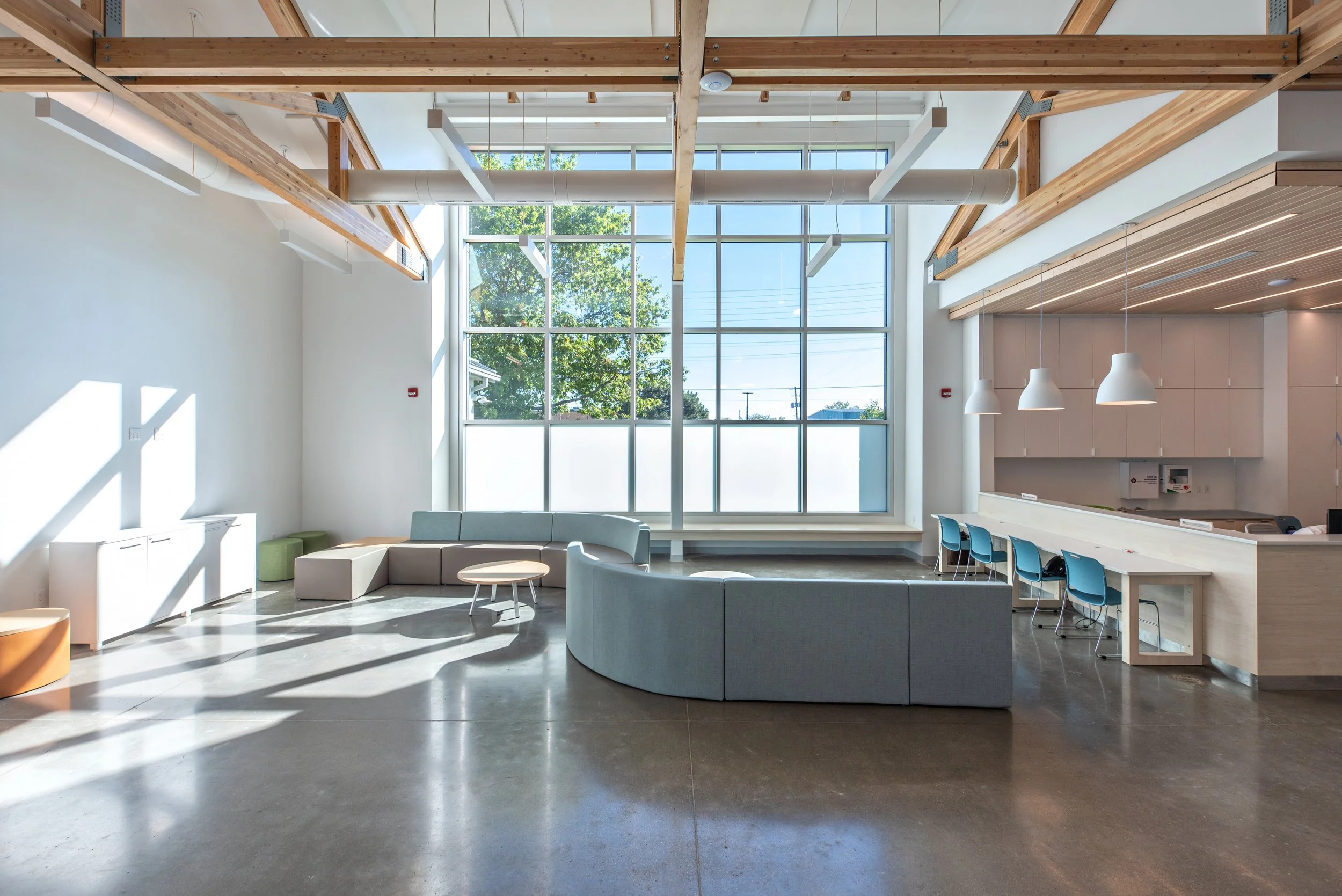 Bright, spacious modern interior with large floor-to-ceiling windows, wooden beams and ceiling, and a seating area with curved sofas, small tables, and a row of blue chairs at a counter.