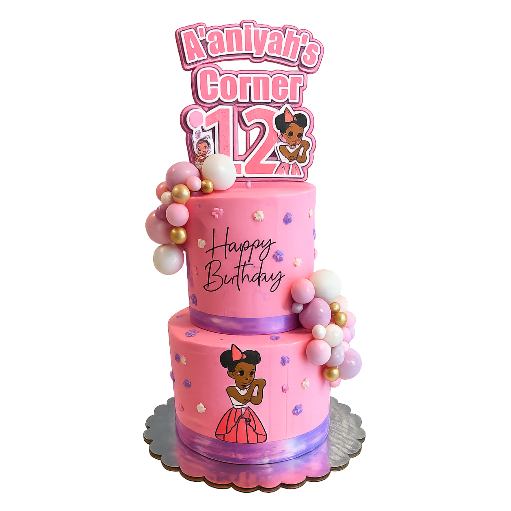 Pink birthday cake with balloons, princess illustrations, and a topper that says "A'nyah's Corner 12".