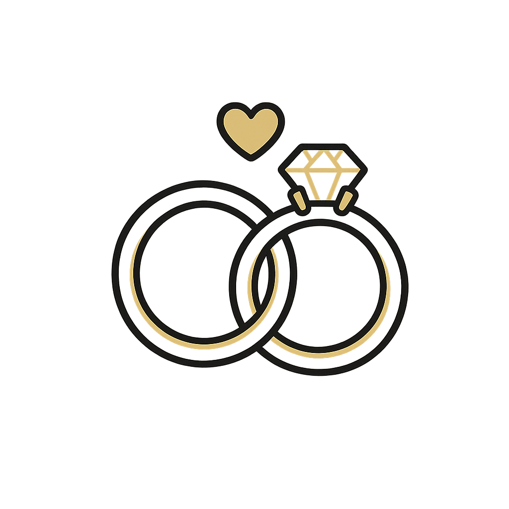 Illustration of a gold wedding ring, a diamond engagement ring, and two small icons of hearts and diamonds.