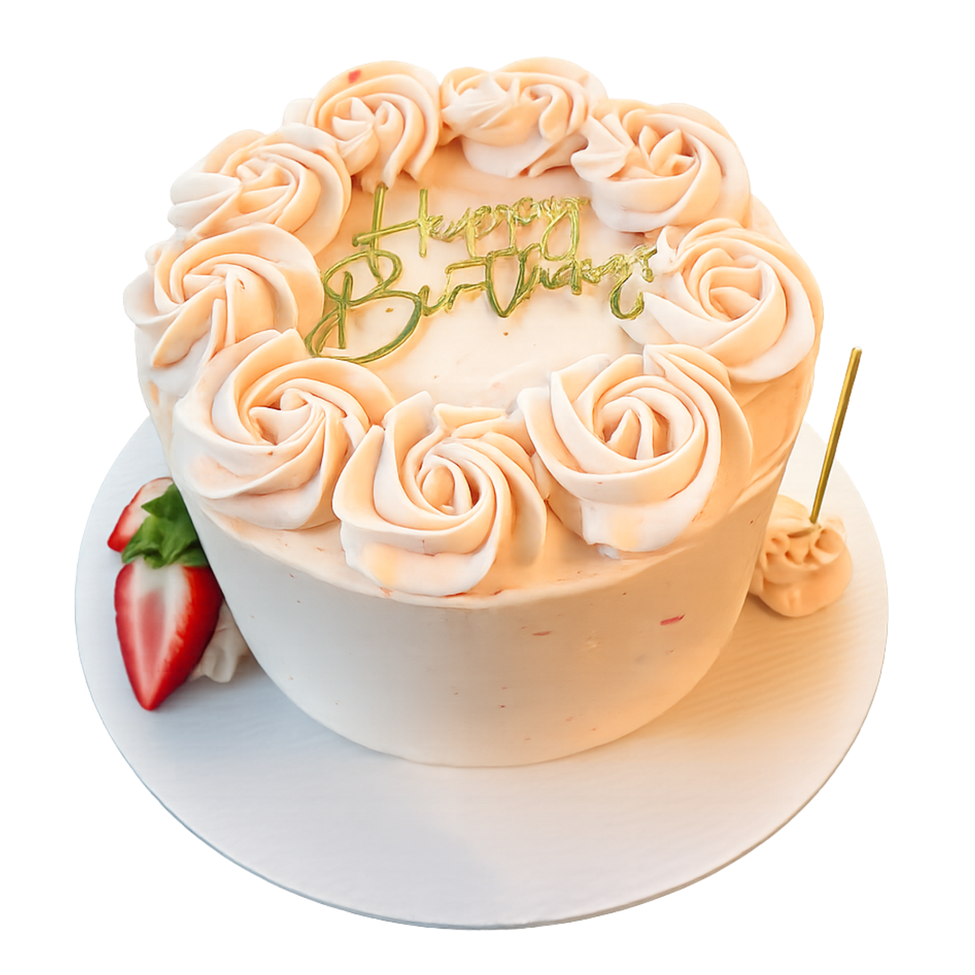 A birthday cake decorated with peach-colored icing roses, a green 'Happy Birthday' cake topper, and sliced strawberries on a white plate.