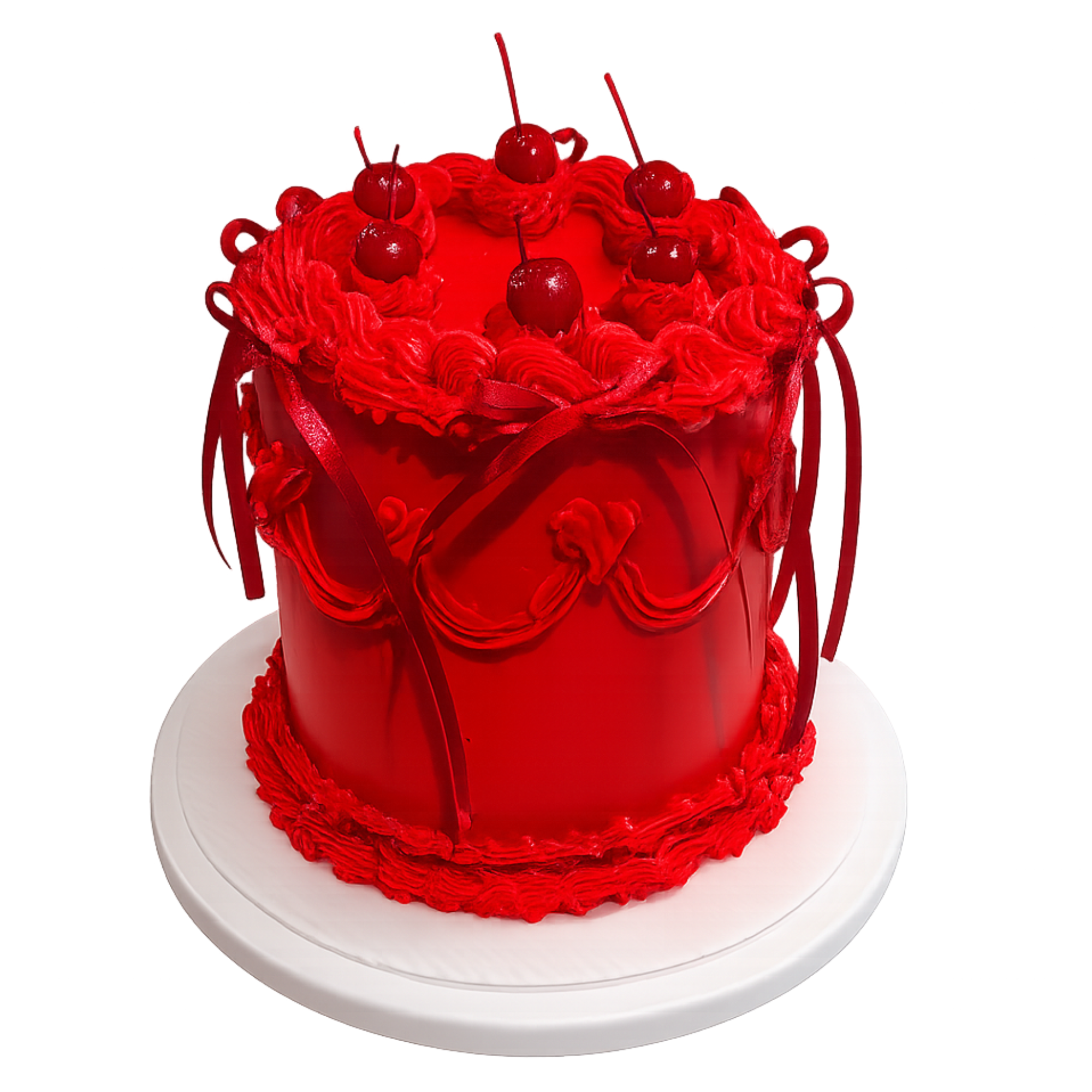 Red decorative cake with cherries on top, surrounded by ruffled red frosting, placed on a white circular cake stand.