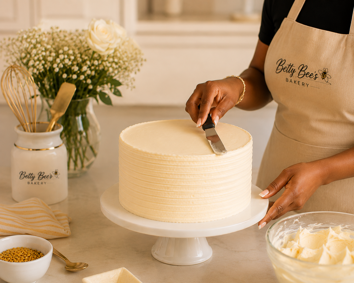 Person in an apron with Betty Bee's Bakery logo decorating a cake with a spatula in a cozy kitchen setting, with flowers and baking utensils nearby.