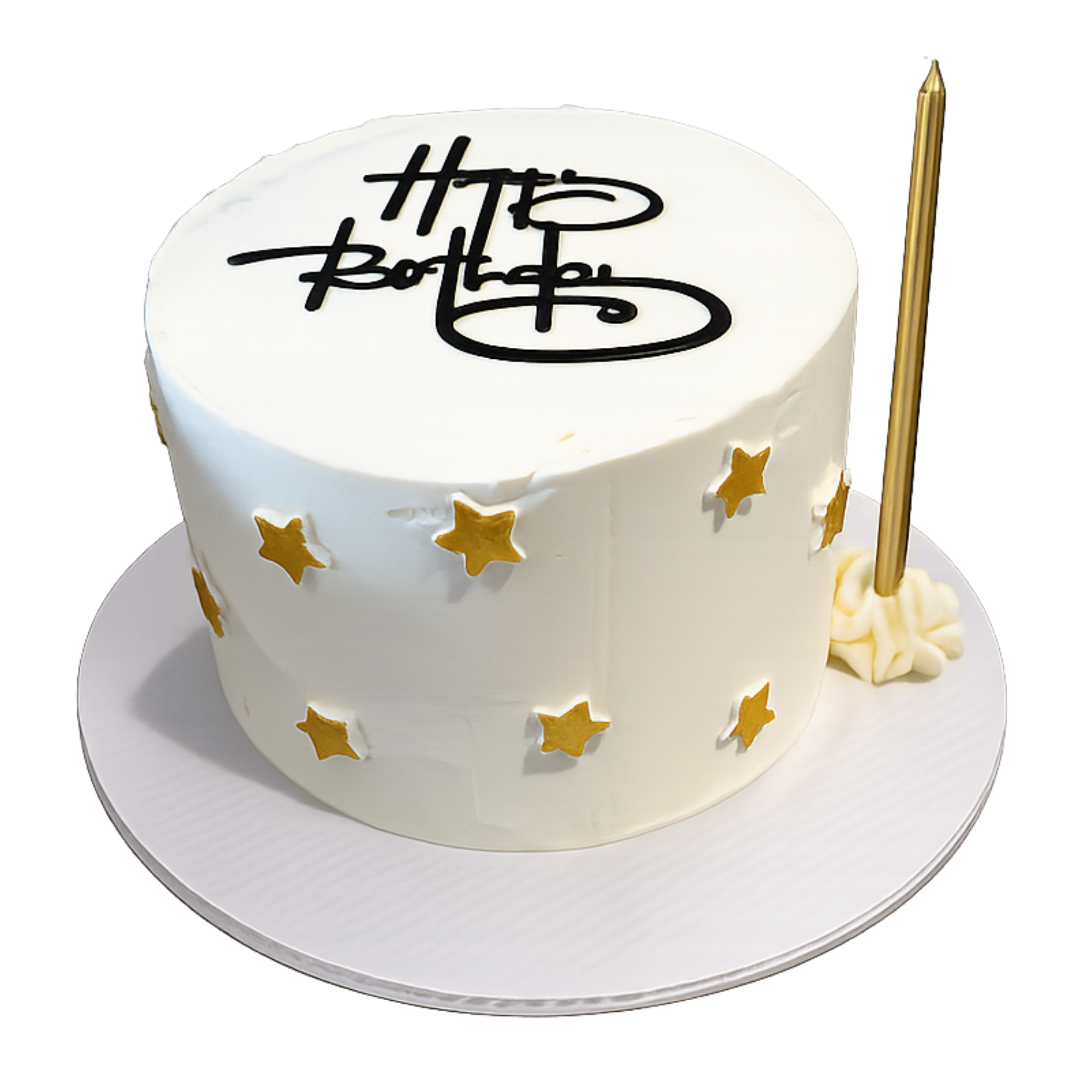 A birthday cake with white icing, decorated with gold star-shaped accents and a gold candle. The cake has a message in black script that reads, "Happy Birthday".