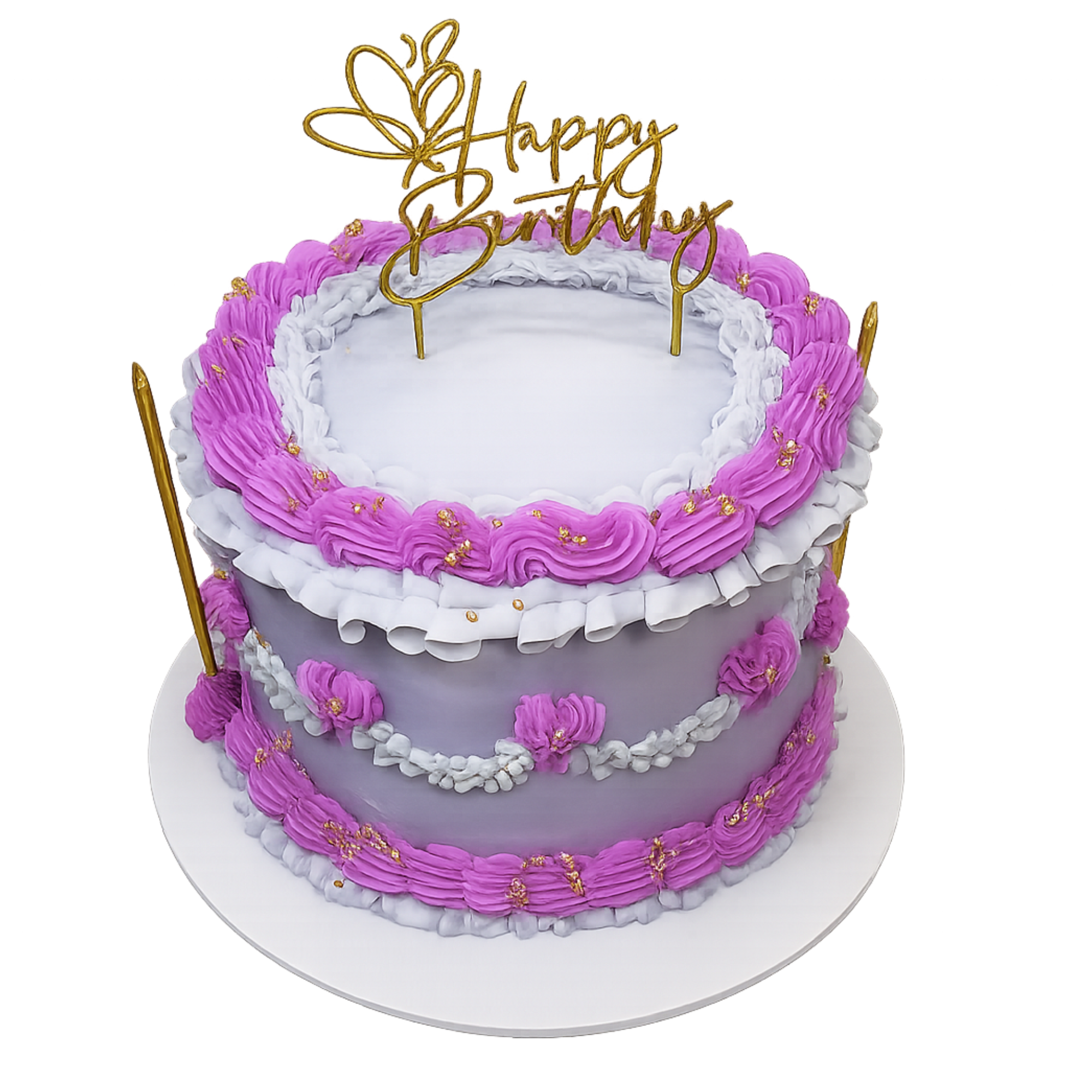 Round birthday cake decorated with pink and white frosting, adorned with small gold accents, topped with a gold "Happy Birthday" topper, and surrounded by pink frosting borders.