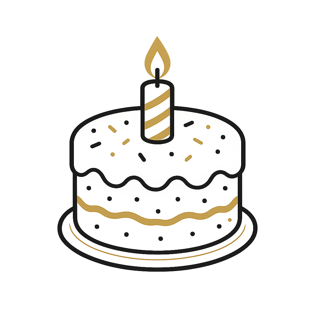 A birthday cake with one lit candle, decorated with icing, sprinkles, and a plate underneath.