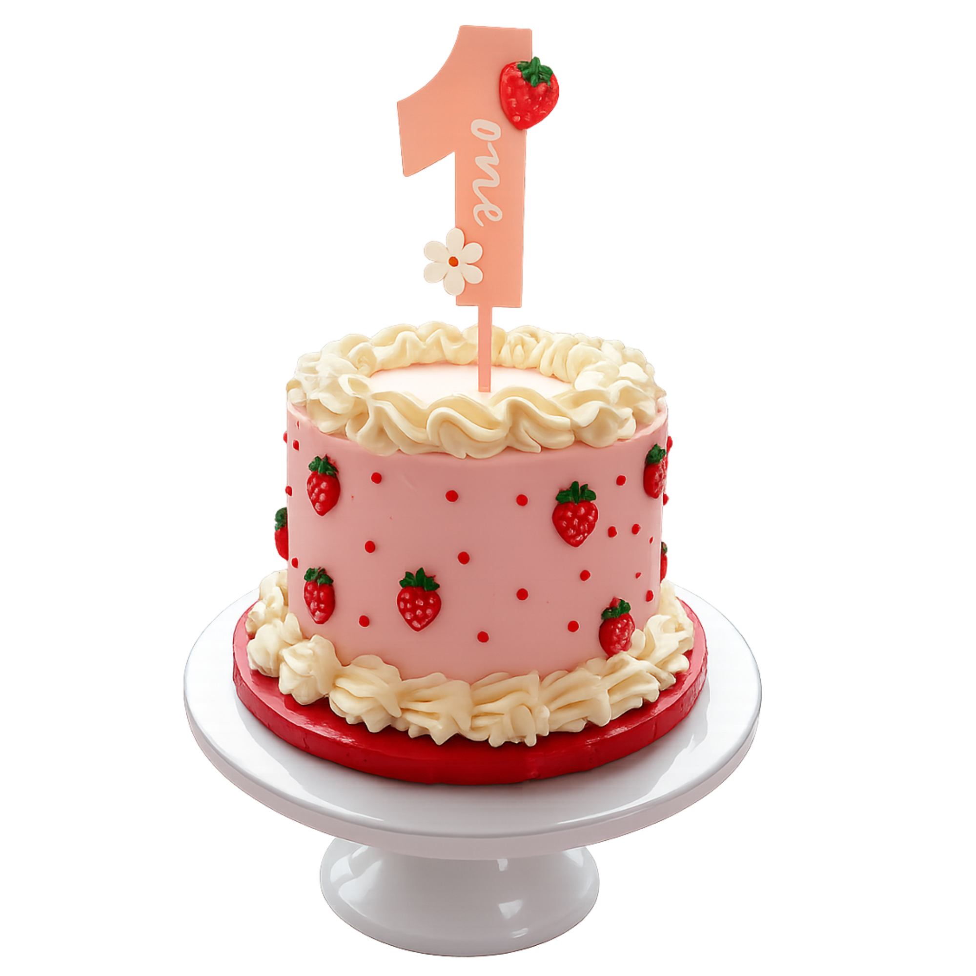 A pink birthday cake decorated with strawberries, cream, and small red dots. A pink number one candle with a strawberry on top and the word 'one' written on it sticks out of the cake.