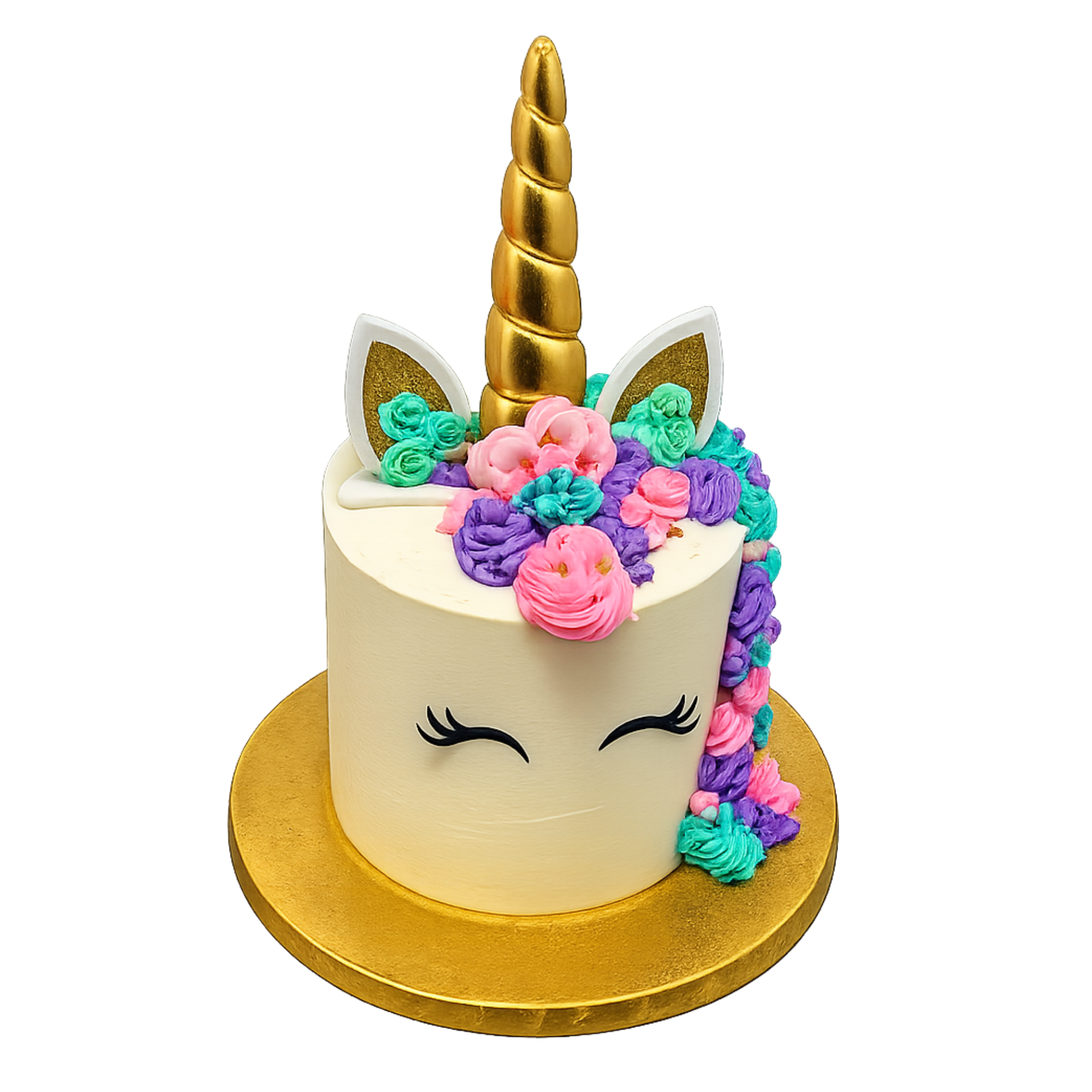Colorful unicorn themed birthday cake with a gold unicorn horn, white ears with gold inside, and colorful frosting flowers at the base, on a gold cake board.