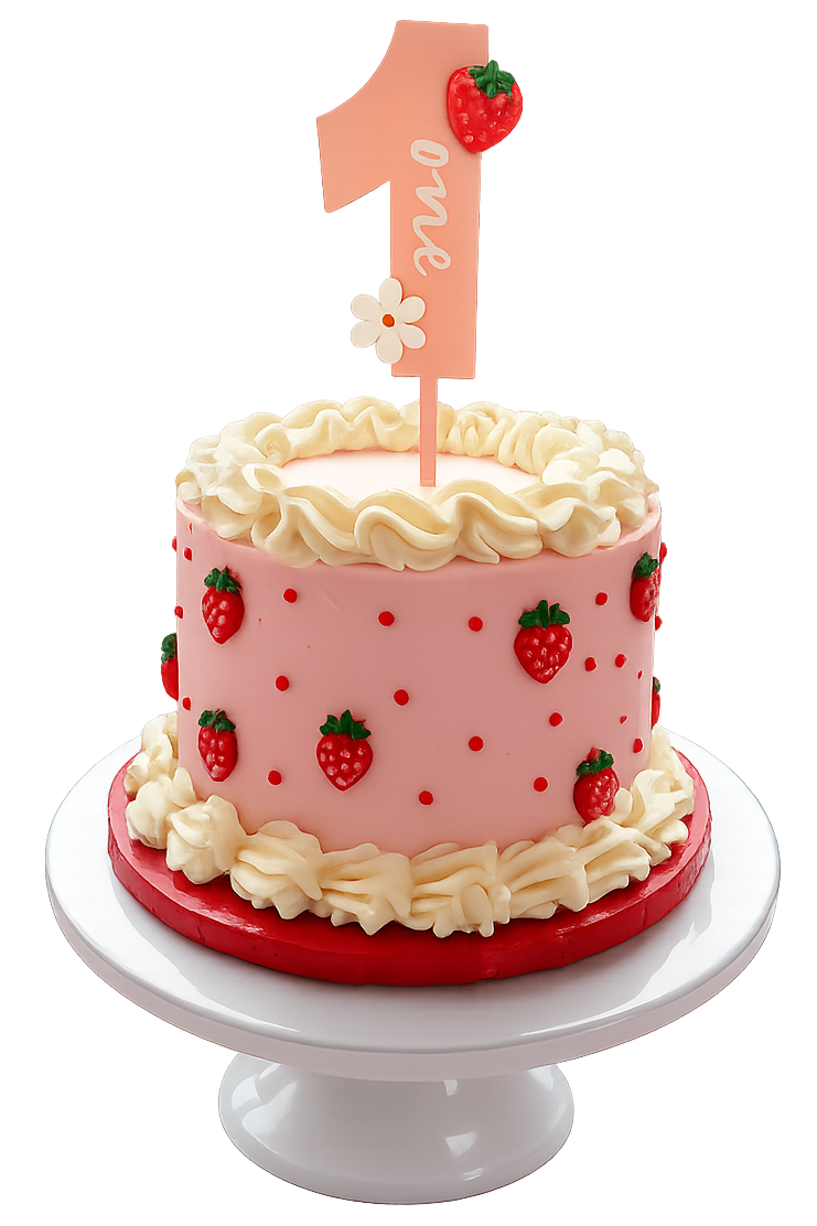 Pink birthday cake decorated with strawberries and cream border, with a 'love' flag on top and a heart-shaped strawberry.