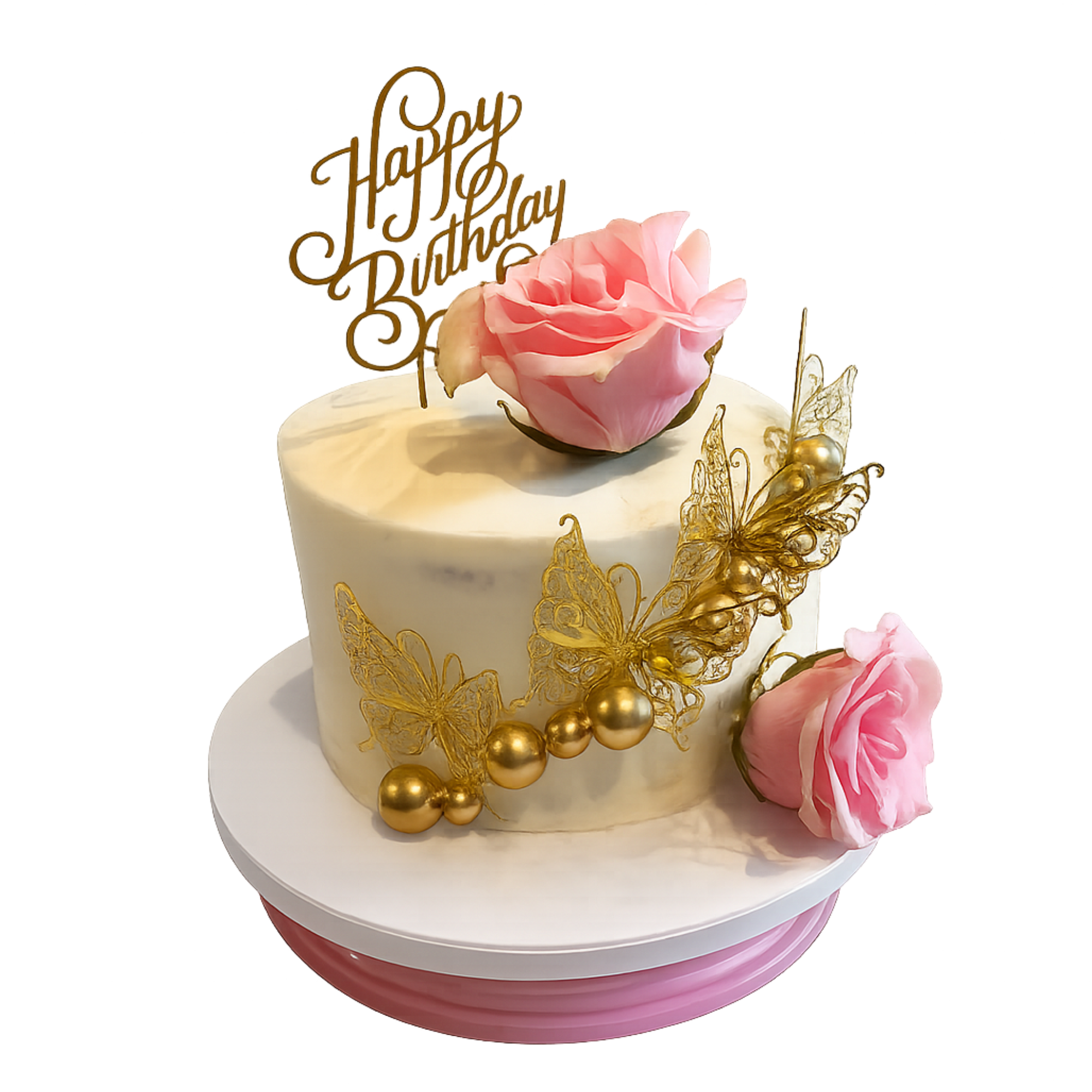 A birthday cake decorated with pink flowers, gold butterflies, and gold beads, with a "Happy Birthday" topper.