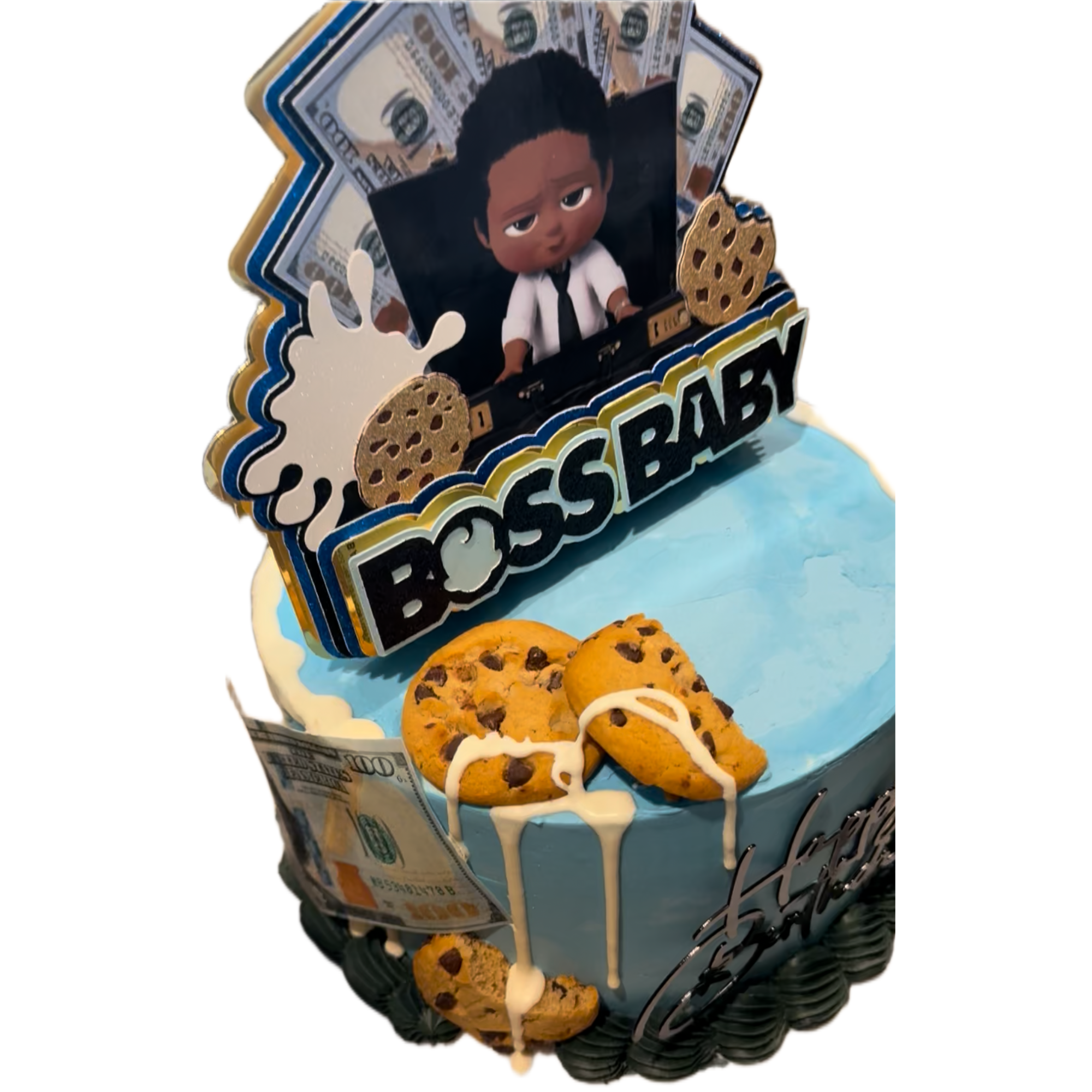 Decorative Boss Baby themed birthday cake with Oreo cookies, chocolate chips, and a photo of a young boy on top