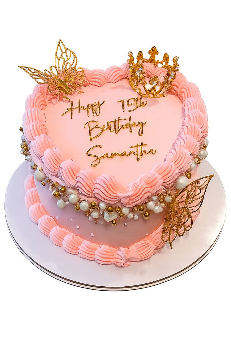 Pink birthday cake with gold and pearl decorations, butterflies, and a message reading 'Happy 19th Birthday Samantha.'